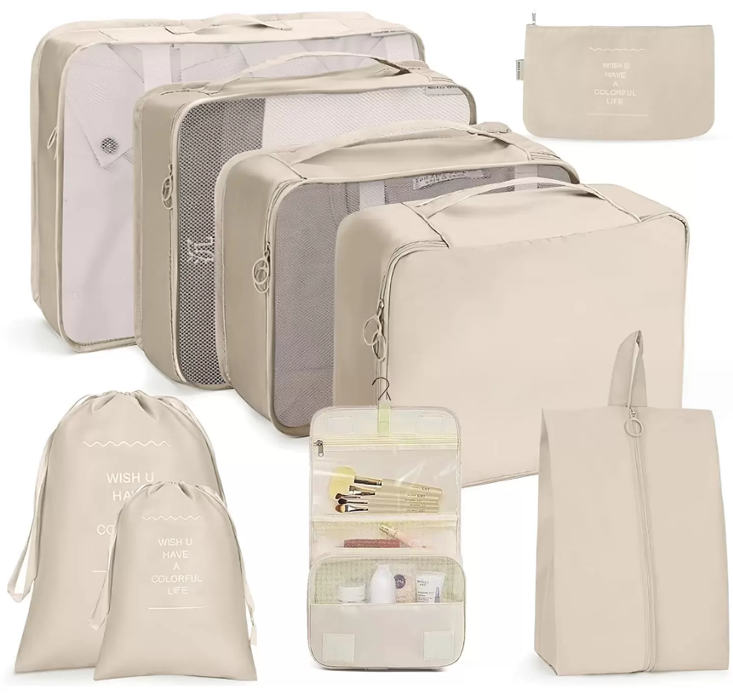 Packing Cubes 9 Set. Travel Packing Organizers for Suitcase Set Luggage Organizers for Suitcase Lightweight Travel Essential Bag with Large Toiletries Bag for Clothes Shoes. Beige