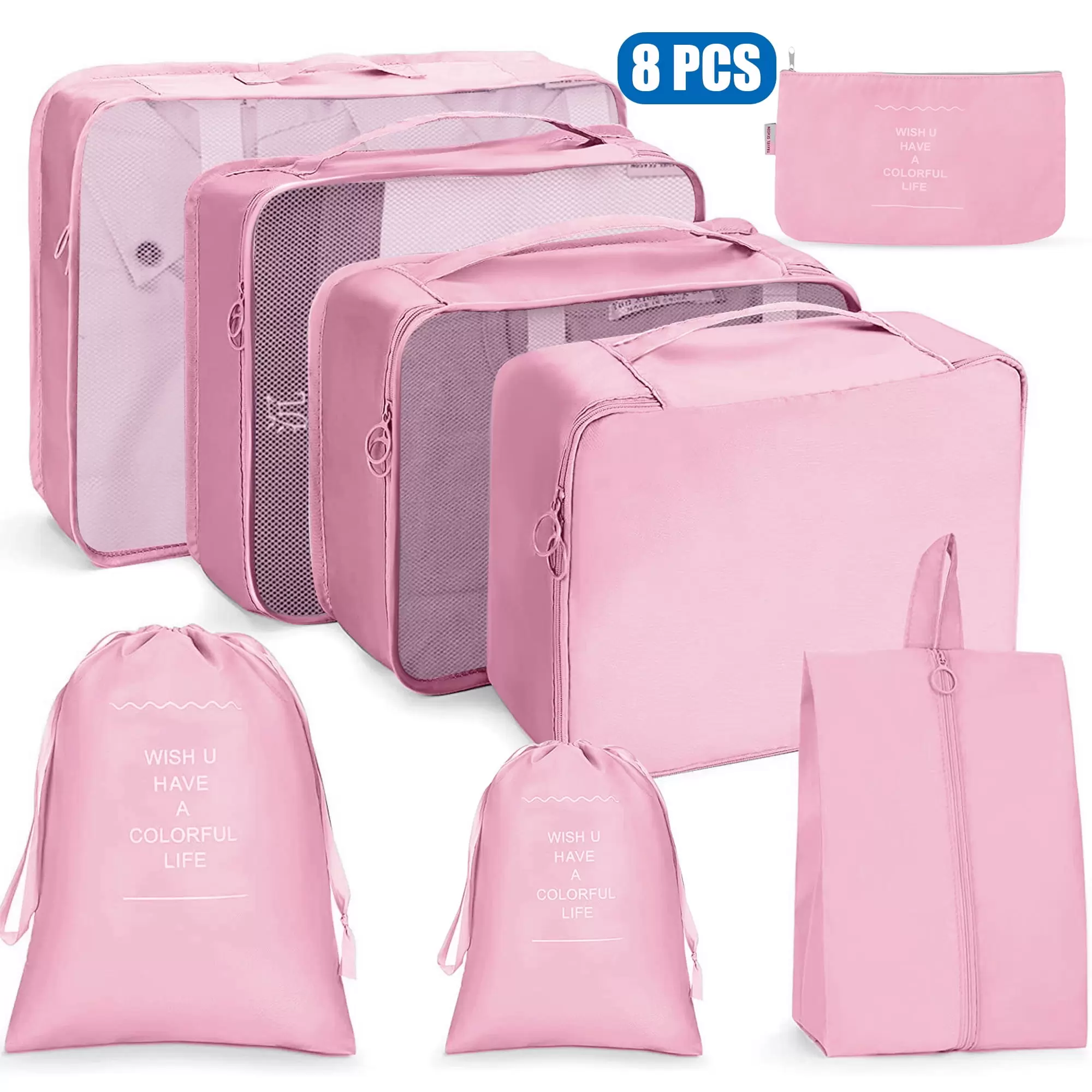 Packing Cubes for Luggage. Compression Packing Cubes Travel Luggage Organiser Bag. Foldable Large Capacity Waterproof Suitcase storage. 8 Pcs Pink