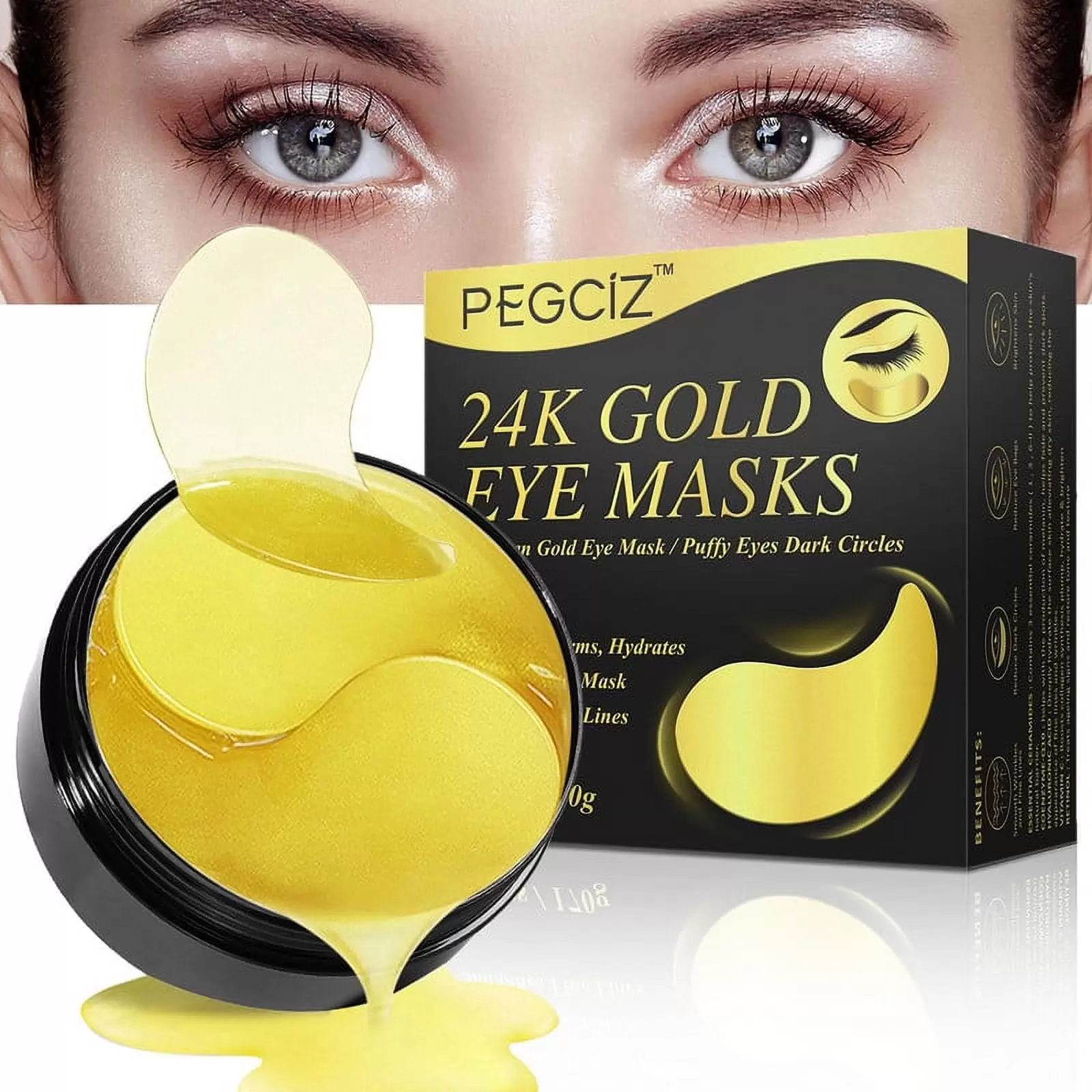 Pegciz Eye Mask 24K Gold.60PCS Collagen Under Eye Mask for Dry Eye Dark Circles.Cooling Gel Mask for Smoothes Fine Lines & Relieve Eye Fatigue