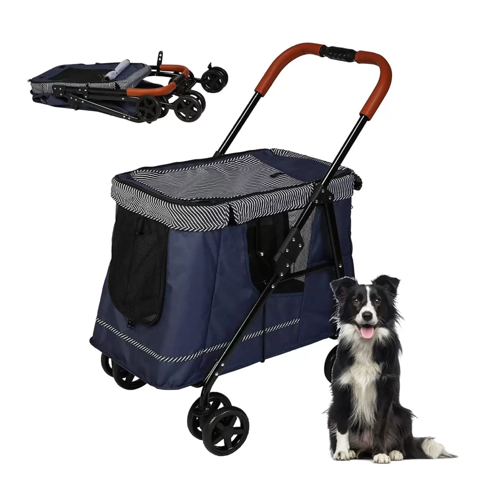 Pet Wagon Double Dog Stroller for Large Dogs or Multiple Dogs Cats with 4 Wheels. Dog Cat Cart with Dual Entry Portable Quick One-Step Folding Travel Cart. Dark Blue