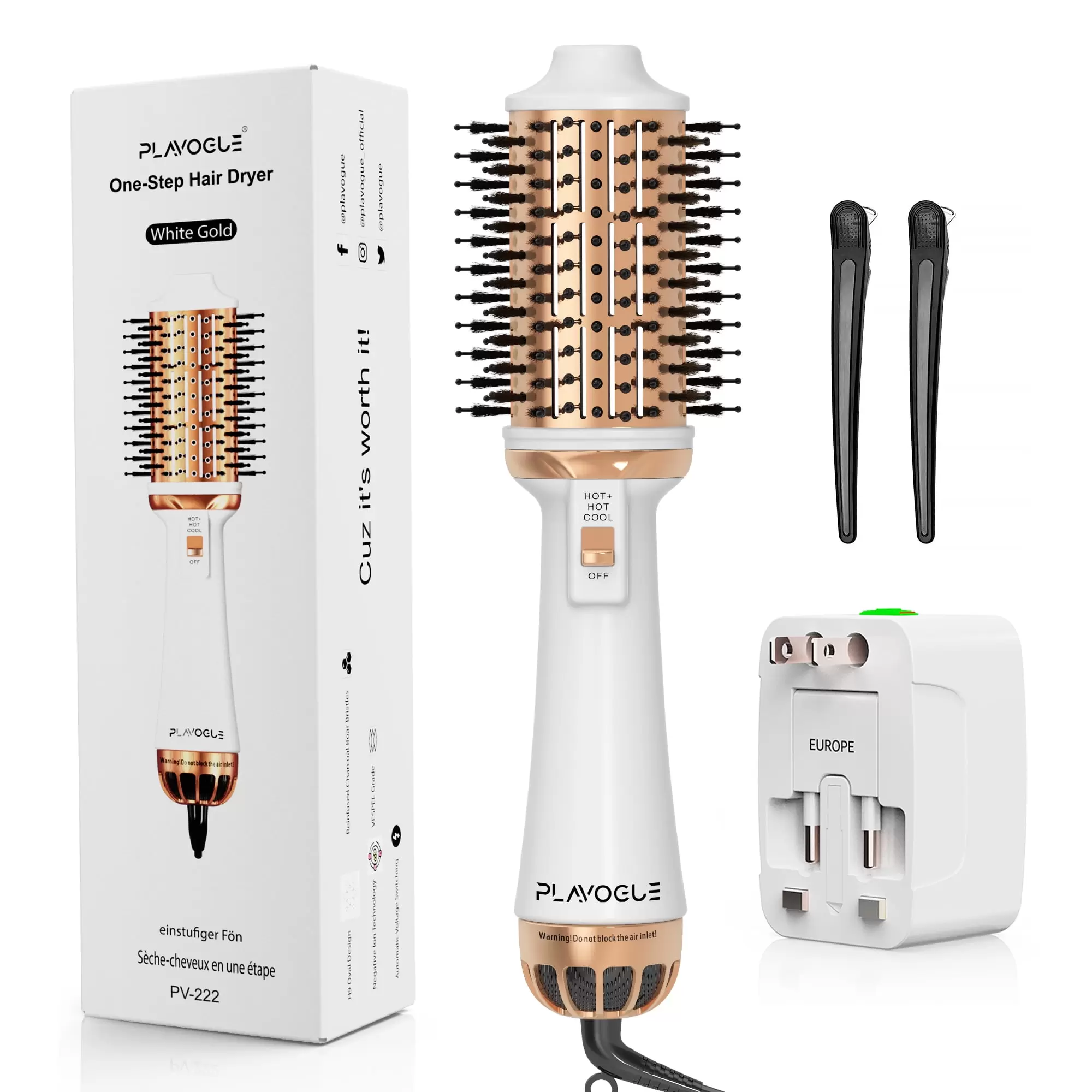 Plavogue Dual Voltage Hair Dryer Brush. Ionic Blow Dryer Brush. One-Step Hot Air Brush for Travel