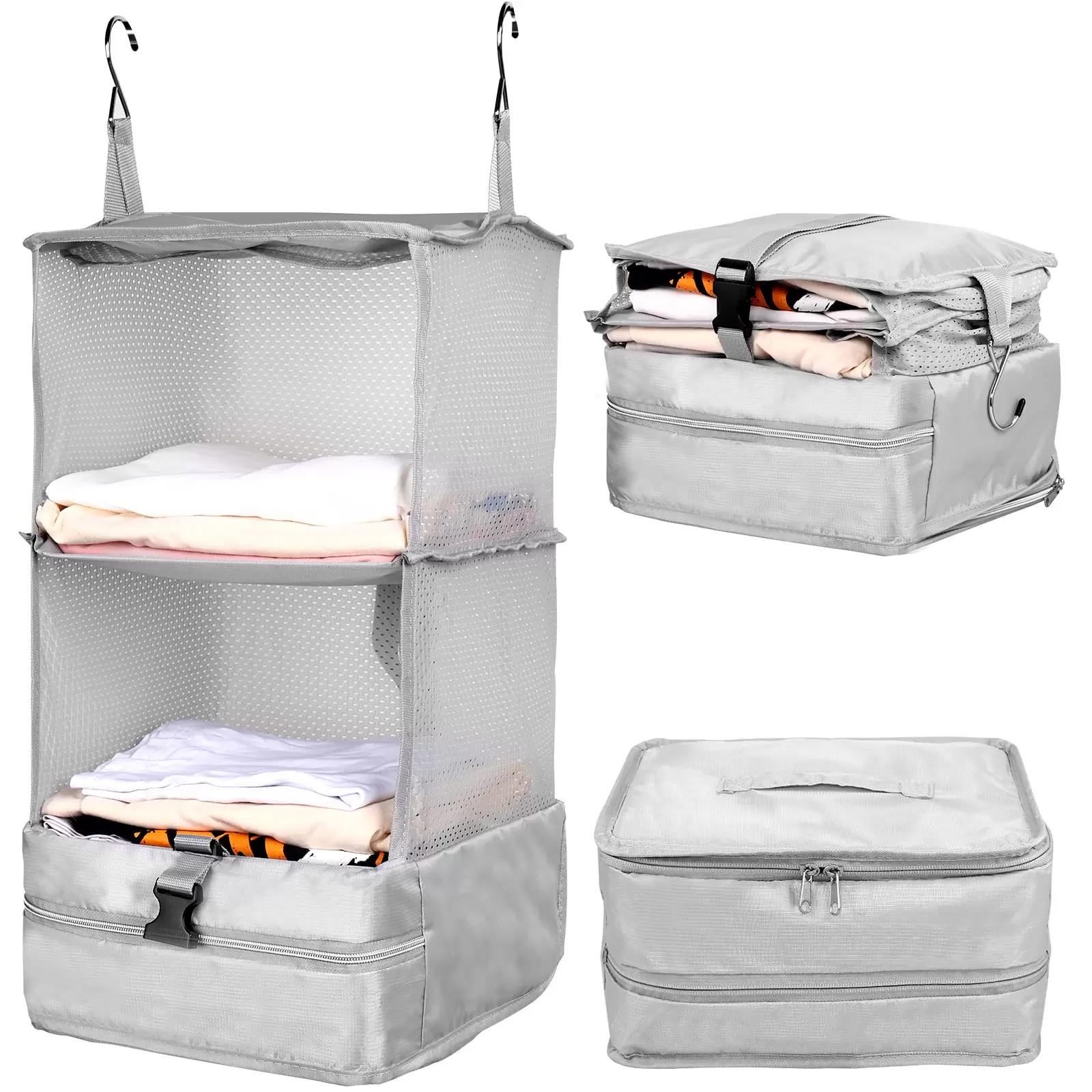 Portable Collapsible Hanging Travel Shelves Bags. Suitcase Organizer. Packing Cubes for Travel. Carry-On Closet Insert. Large Capacity Travel Bags Collapsible 3-Shelf Travel Closet with 2 Hooks