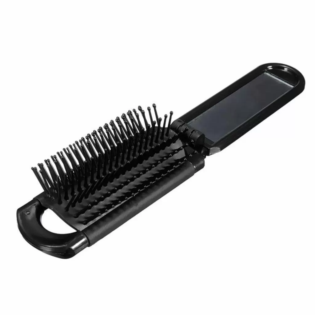 Portable Folding Hair Brush With Mirror Compact Travel Comb - Black. New