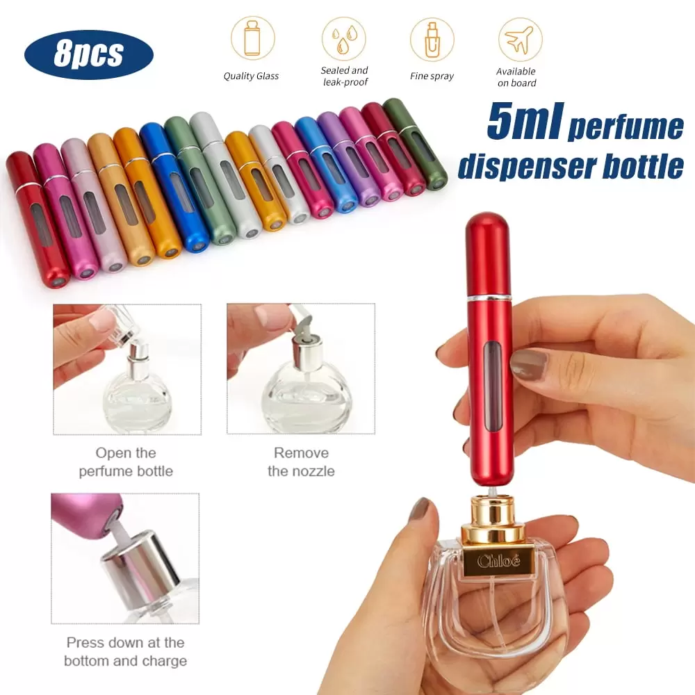 Portable Mini Refillable Perfume Atomizer Bottle. 5ml Travel Perfume Bottles. Empty Cologne Atomizer Atomizer Travel Size Spray Bottles Accessories 5 sets of 5ml/0.2oz for Outgoing. 8 Pack .Multicolor