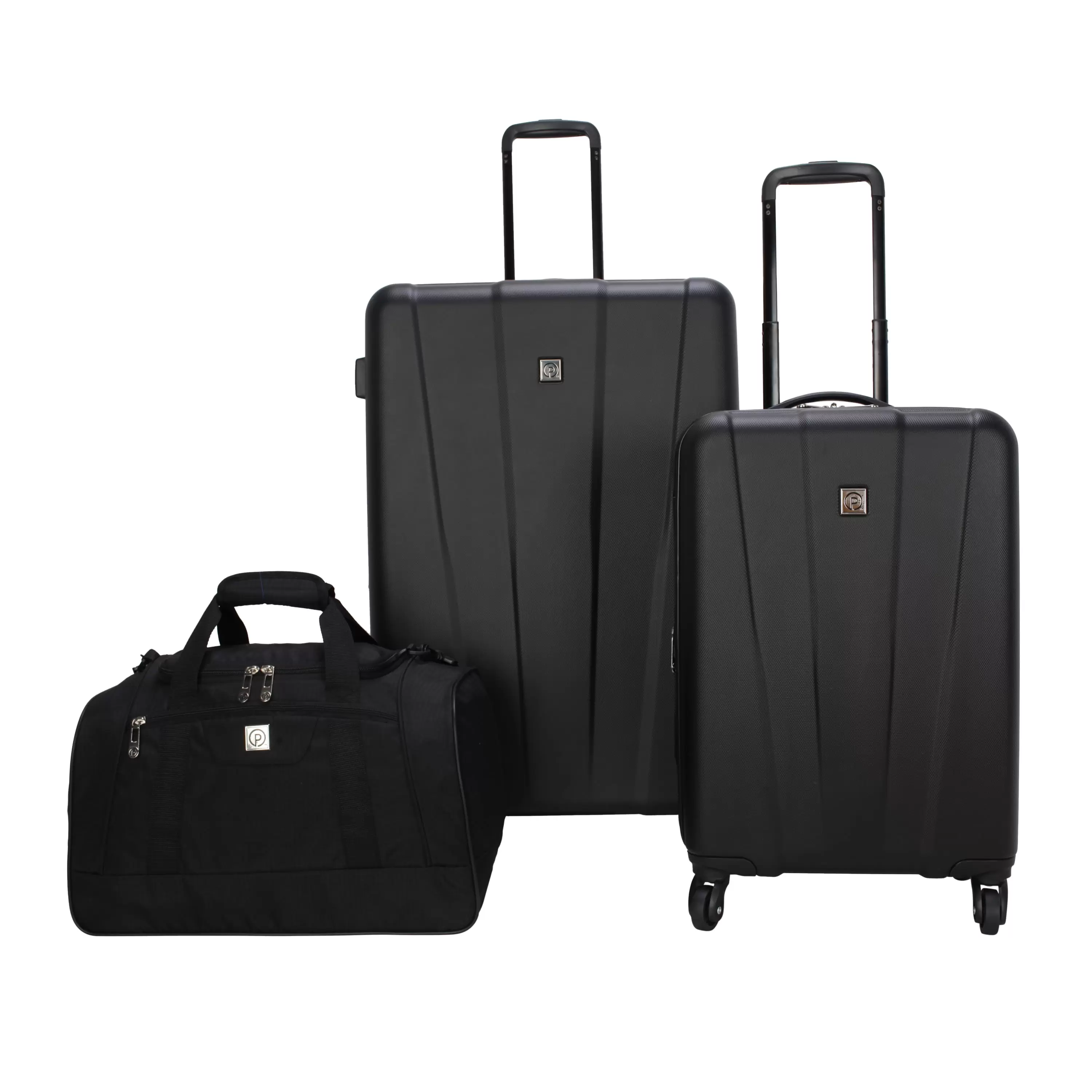 Protege 3 Piece Traveling Hardside Value Luggage Set. Black. 28 checked luggage. 20 carry-on luggage and 18 duffel