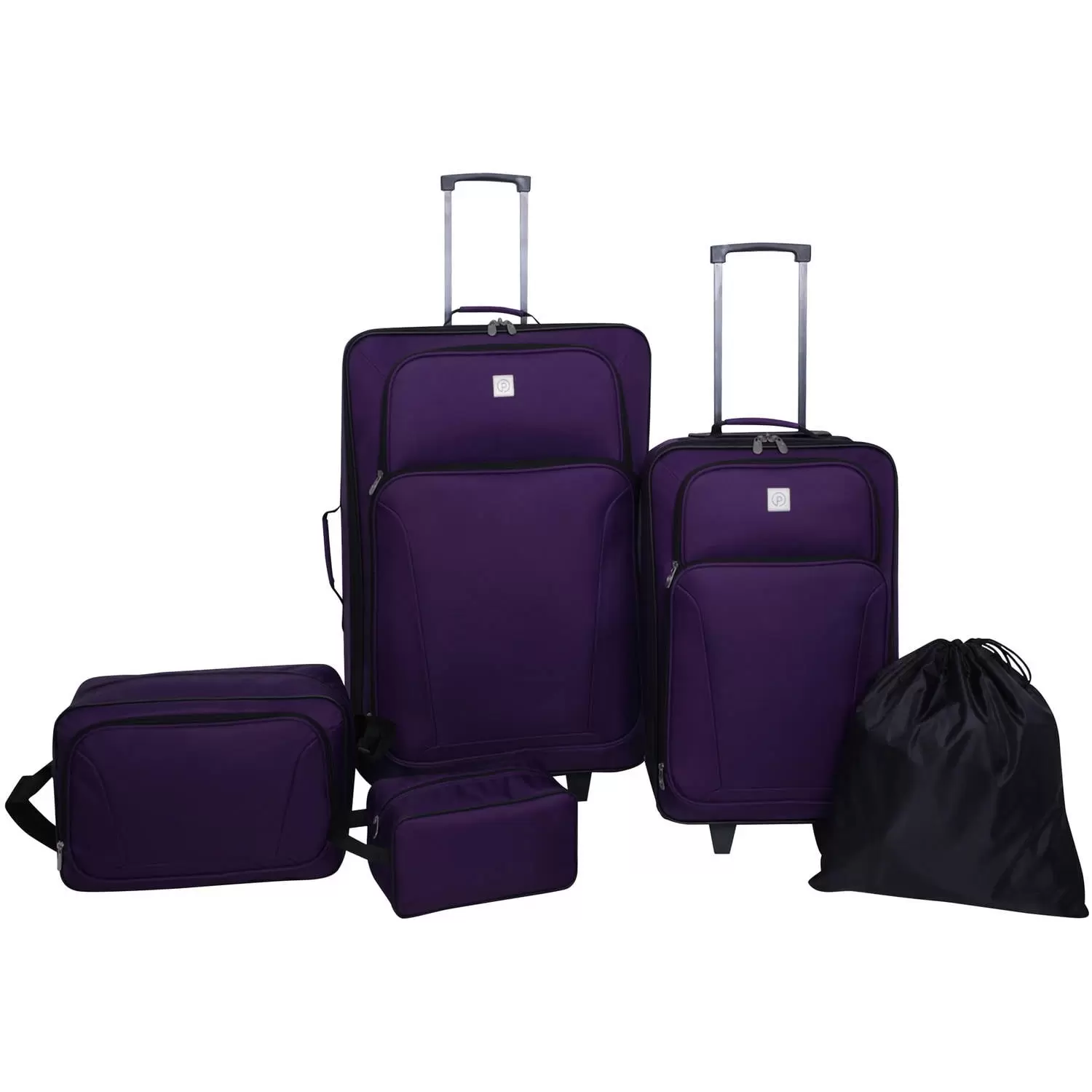 Protege Purple Polyester Softside Luggage Set. 5 Piece Set includes 28 Checked and 21 Carry-on. Boarding Tote. Utility Bag and Cinch Sack