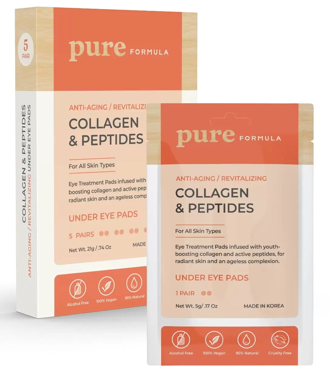 Pure Formula Collagen and Peptides Under Eye Patches - Reduces Puffiness & Dark Circles. Firming & Anti-aging Under Eye Pads - Cruelty Free Korean Skincare For All Skin Types - 5 Pairs