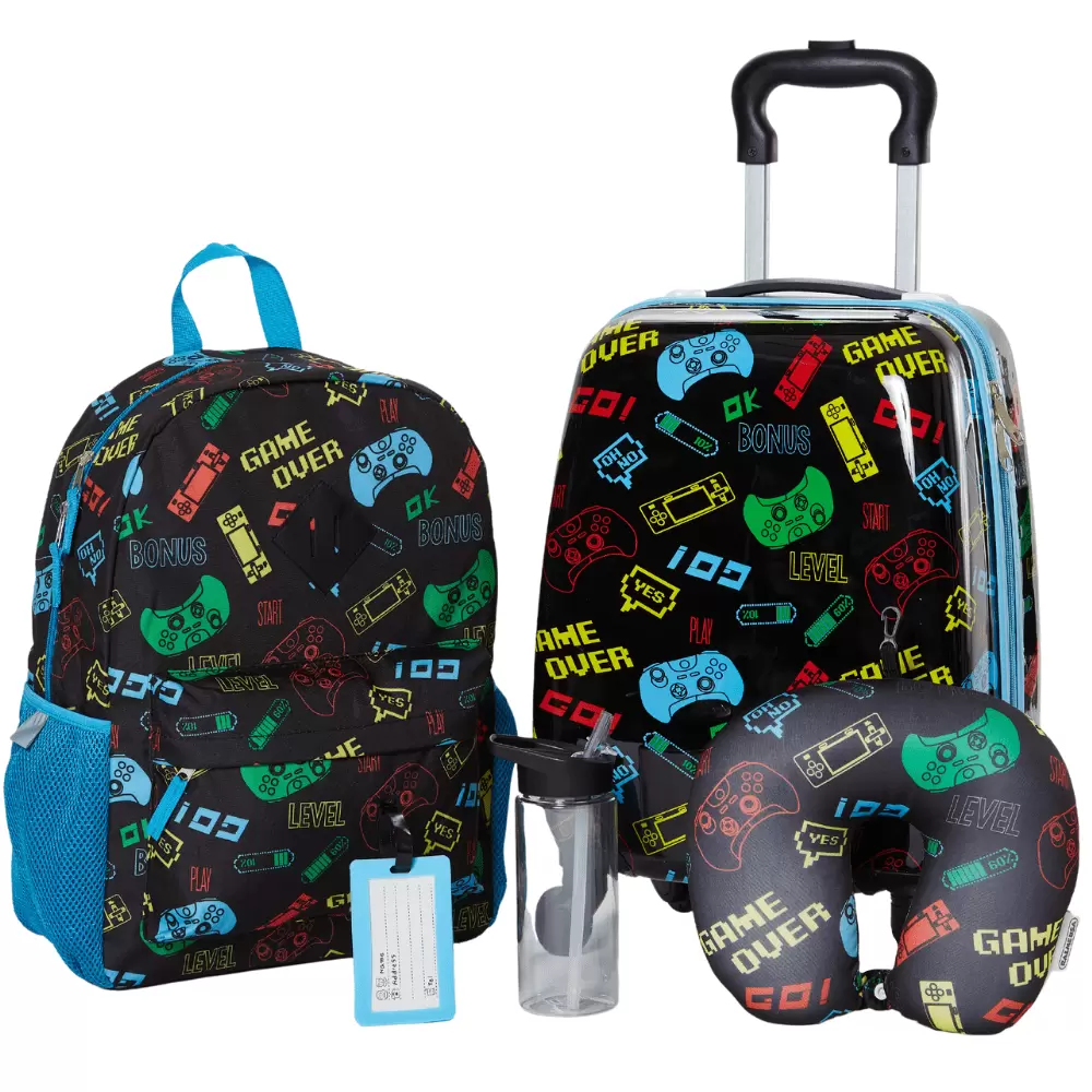 RALME Kids Luggage Boys Gaming Suitcase Set Backpack Neck Pillow Water Bottle and Luggage Tag 5 Pc