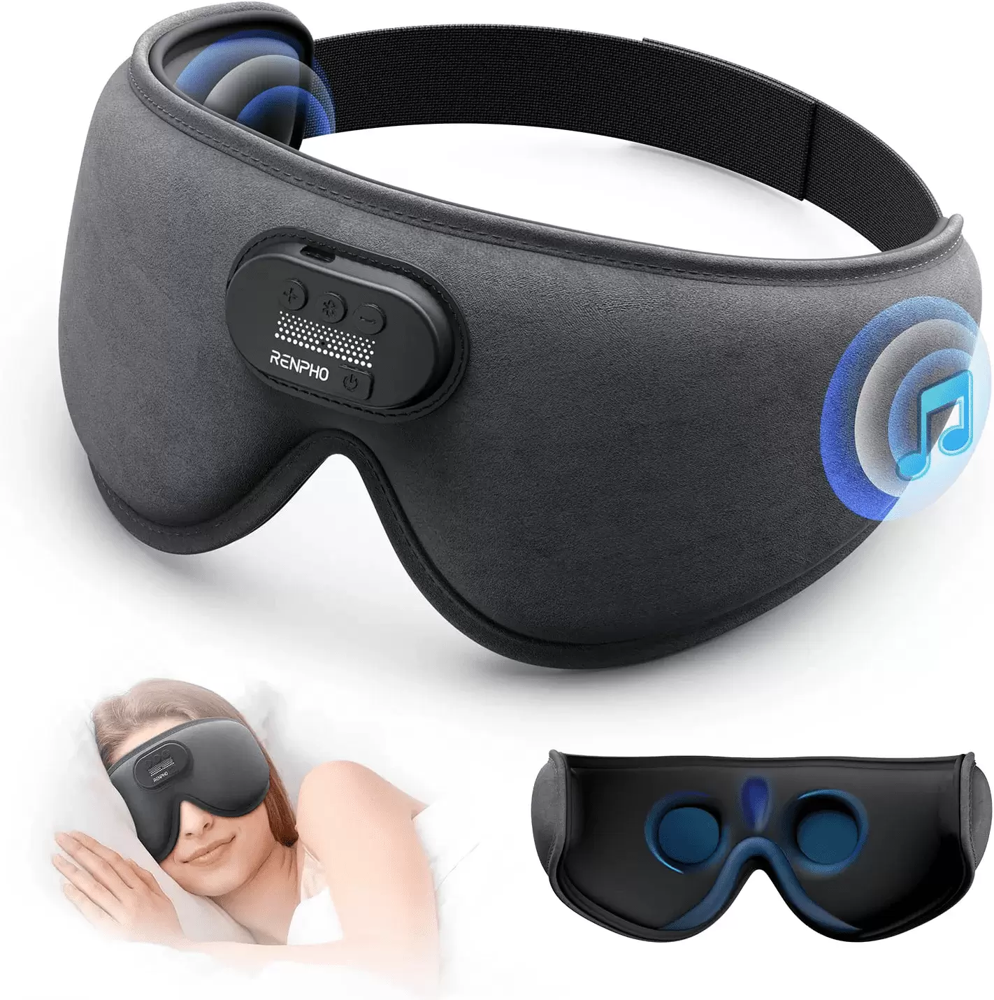 RENPHO Eye Masks with Bluetooth Music. 3D Light Blocking Soft Sleep Mask for Side Sleepers