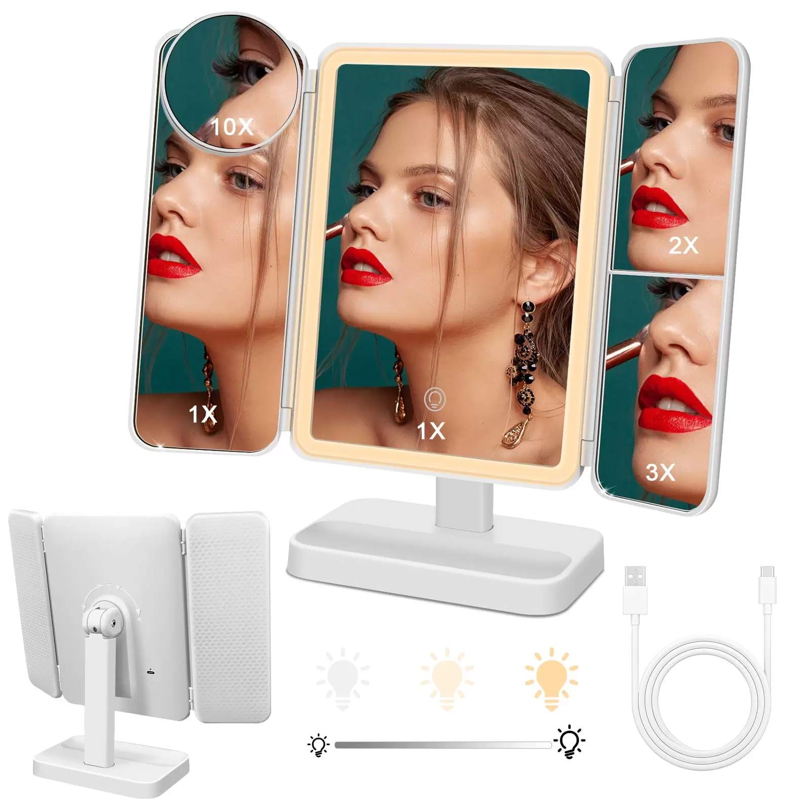 RGBZONE 10X Magnifying Travel Makeup Mirror with Light. Touch up USB Light Portable Makeup Mirror (White)