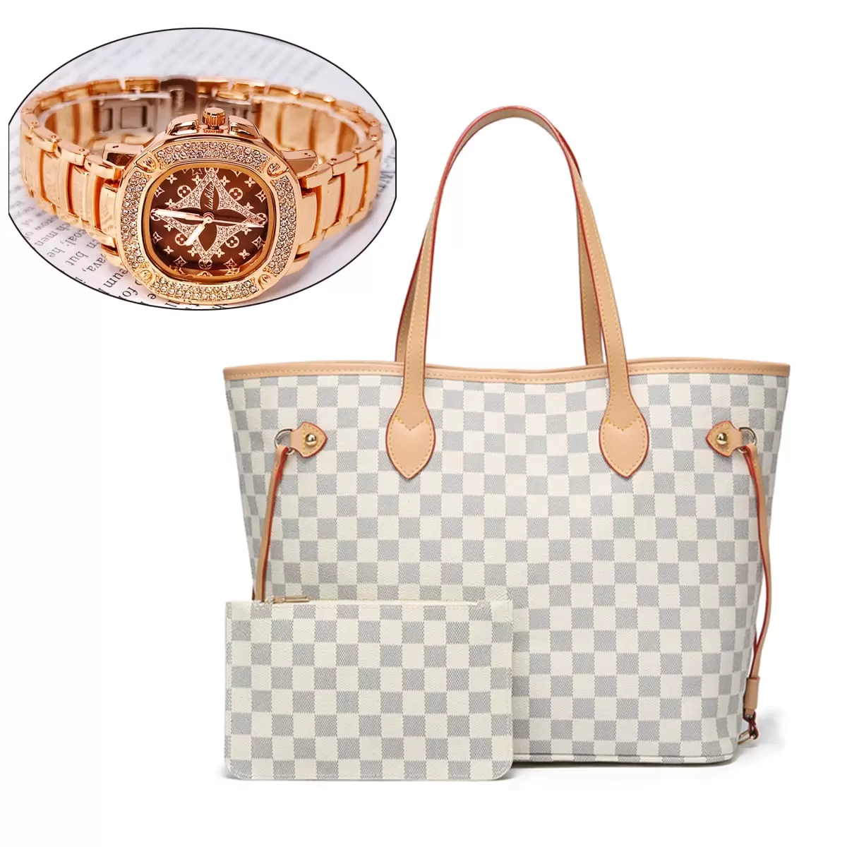 RICHPORTS 2PCS Bag Set Checkered Tote Shoulder Bags With Women's Rose Gold Tone Bracelet Watch