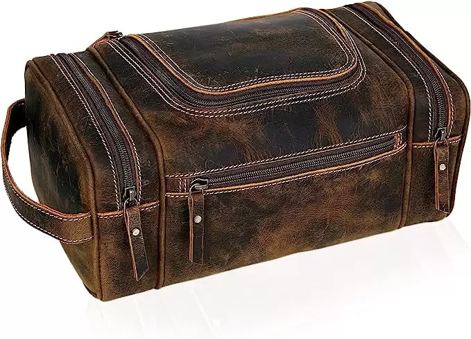 RUZIOON Genuine Leather Toiletry Bag for Men - Extra Large Leather Men's Toiletry Bag for Traveling Hanging. Real Leather Dopp Kit for Men Leather Shaving Bag for Travel