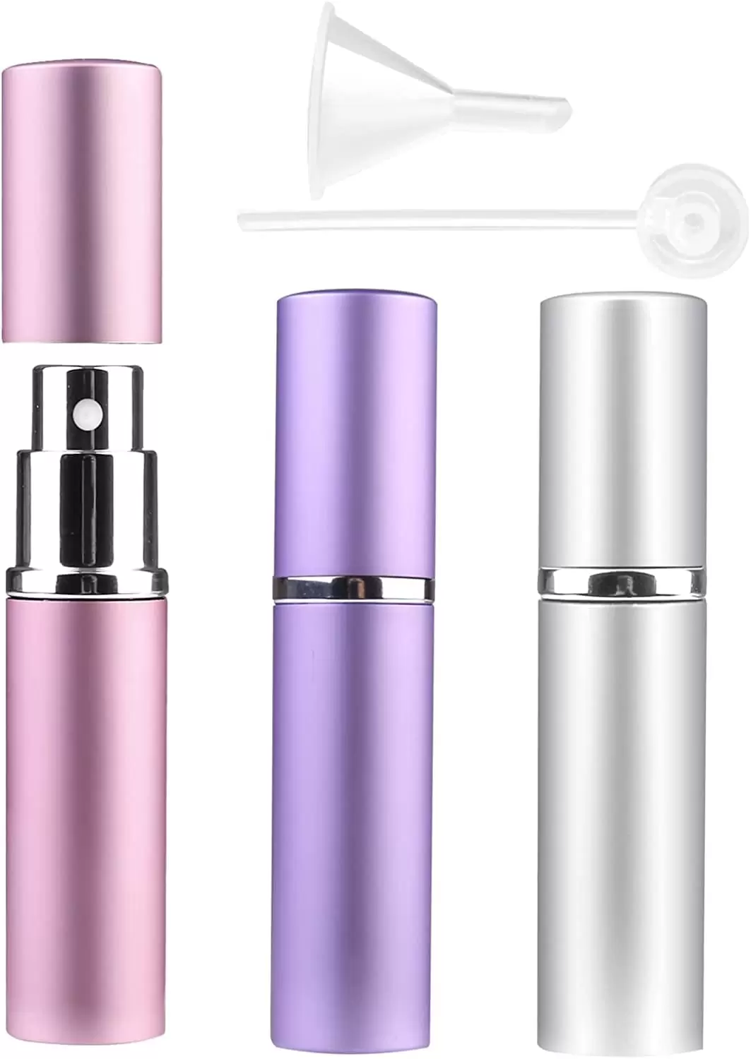 Refillable Travel Perfume Atomiser Bottles. 3 Pcs 6ml Mini Portable Spray Bottles Refillable Perfume Aftershave Atomiser Empty Travel Bottles with Funnel (Pink+Silver+Purple)