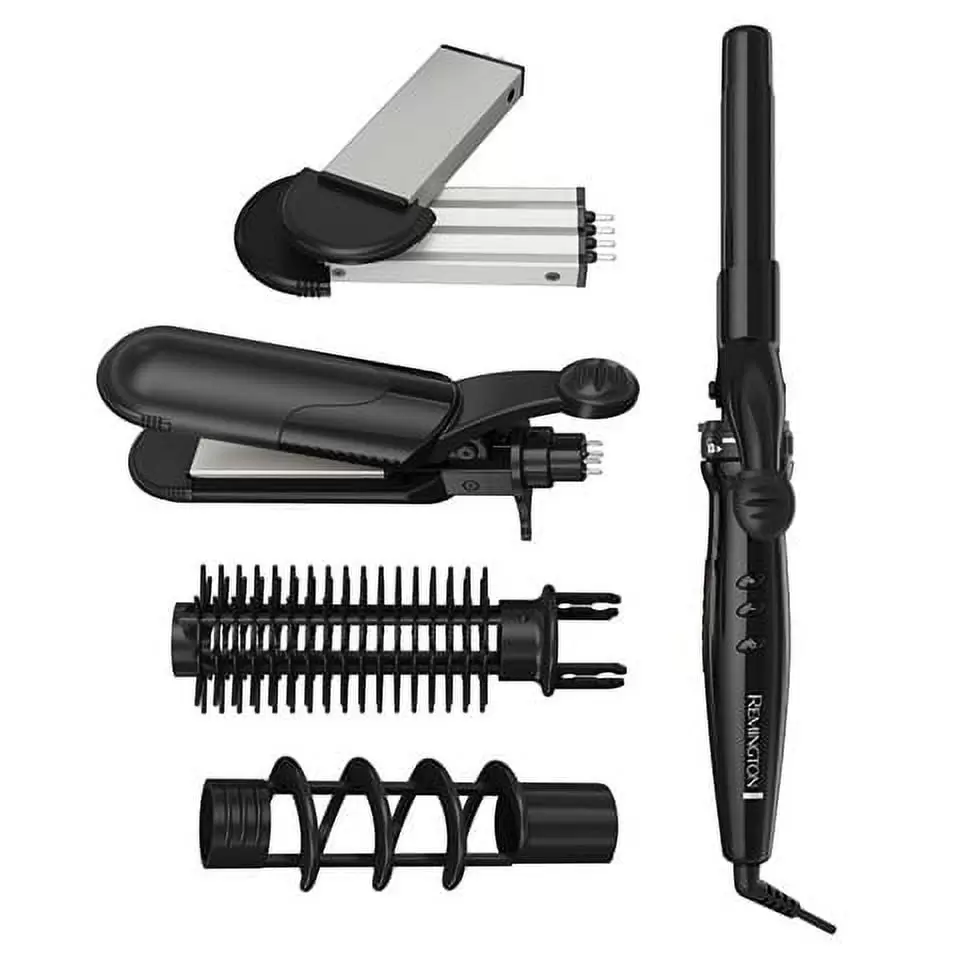 Remington Interchangeable 5 in 1 Dual Voltage Travel Pack Flat Iron. Curler. Crimper. Brush. Waver