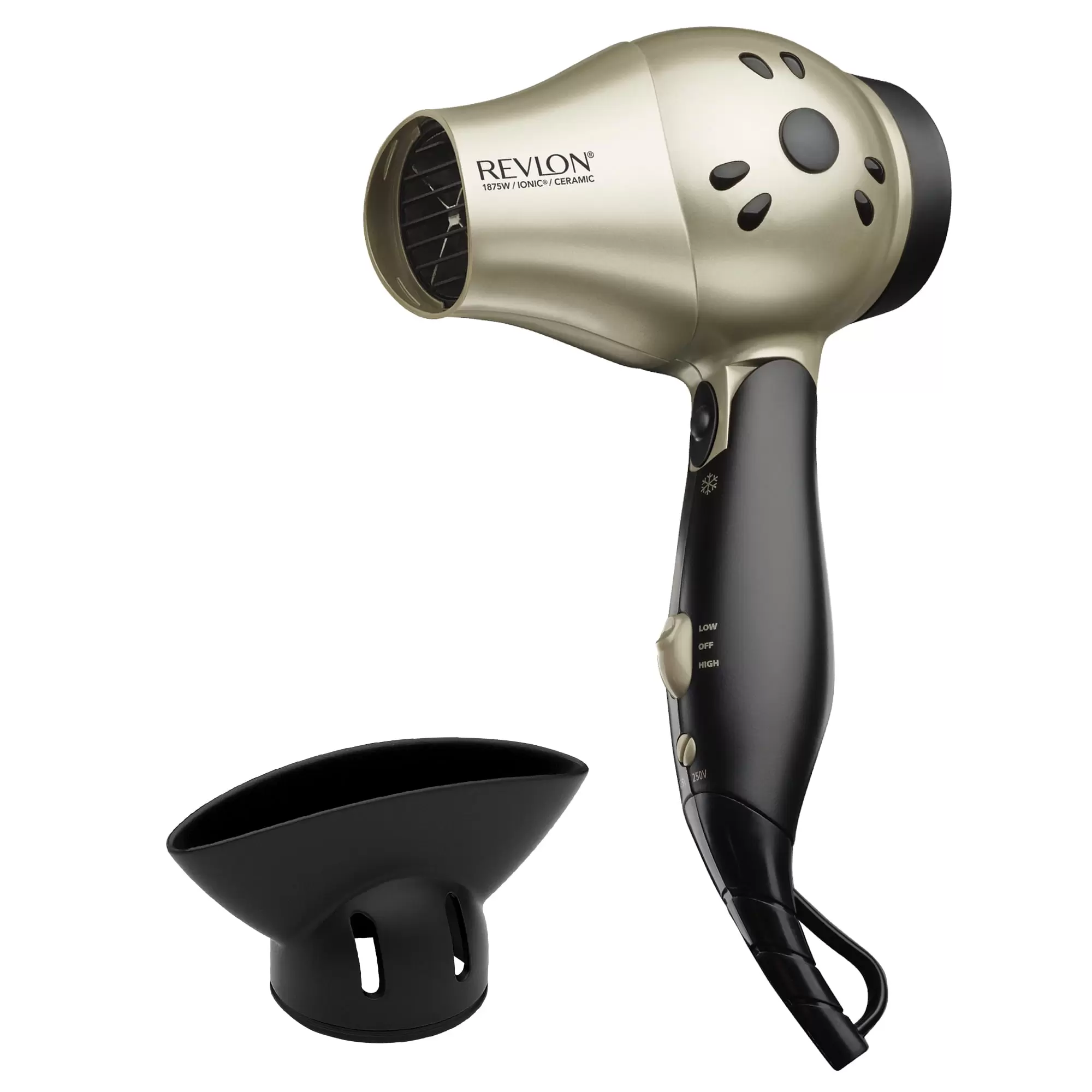 Revlon 1875W Folding Handle Ionic Travel Hair Dryer. Black and Gold