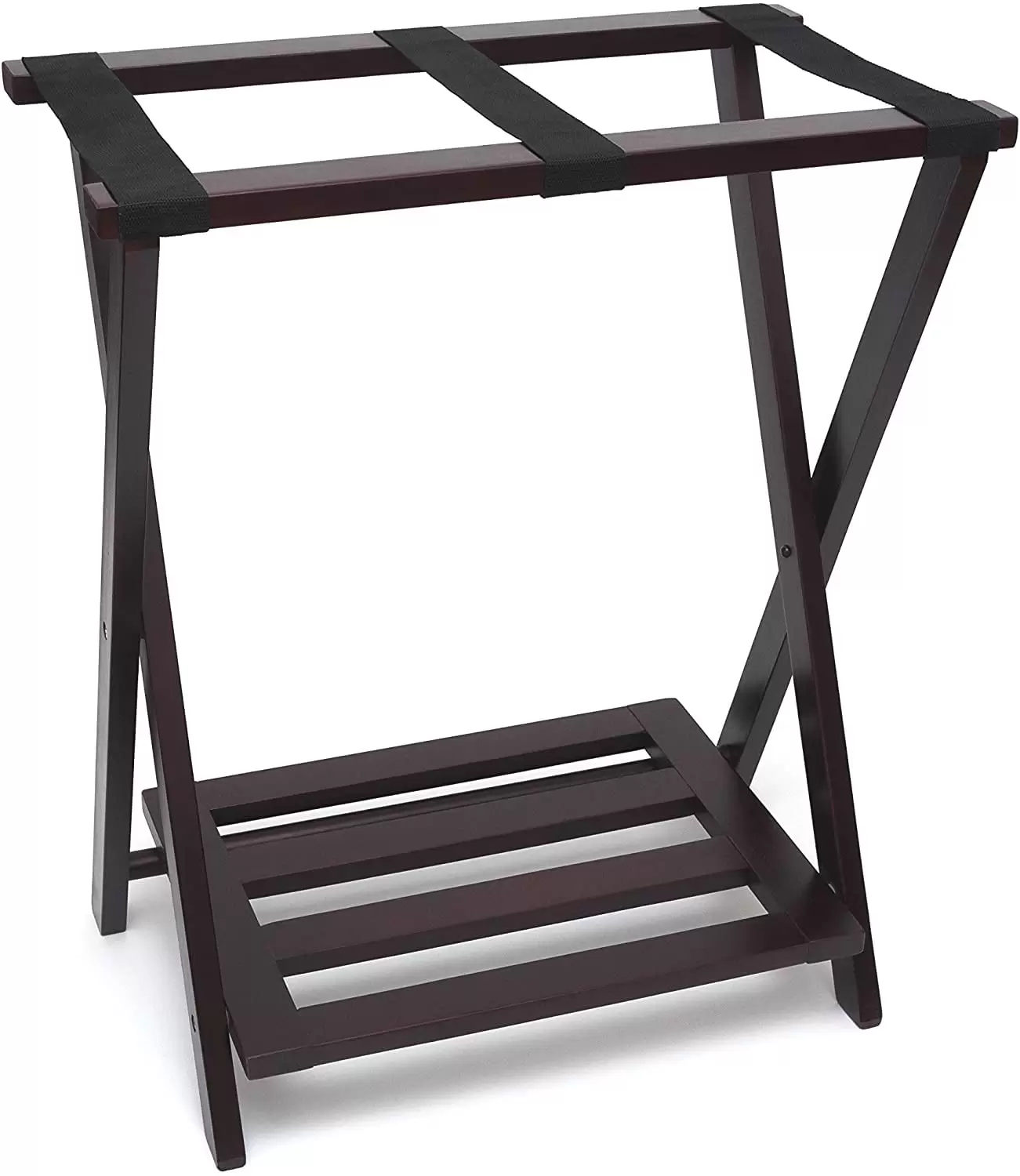 Right Height Folding Luggage Rack with Bottom Shelf. Espresso Finish