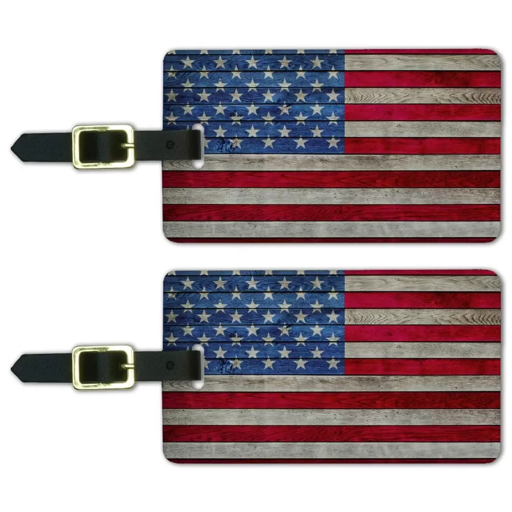 Rustic American Flag Wood Grain Design Luggage ID Tags Suitcase Carry-On Cards - Set of 2