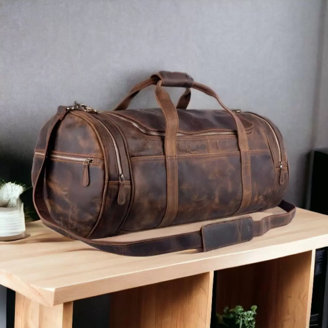 SAINTSTAG Leather Barrel Duffle Bag for Men. Distressed Brown Travel Duffel - Gifts for Him 22 inch