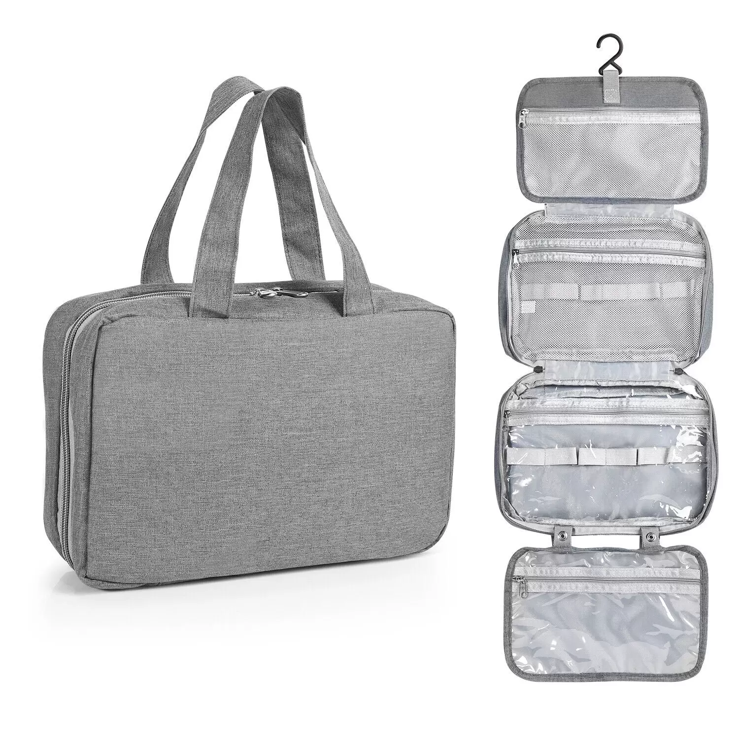 SHANNA Travel Toiletry Bag for Women. Portable Hanging Organizer for Full-Sized Shampoo. Conditioner. Brushes Set. Travel-Size Accessories. Gray