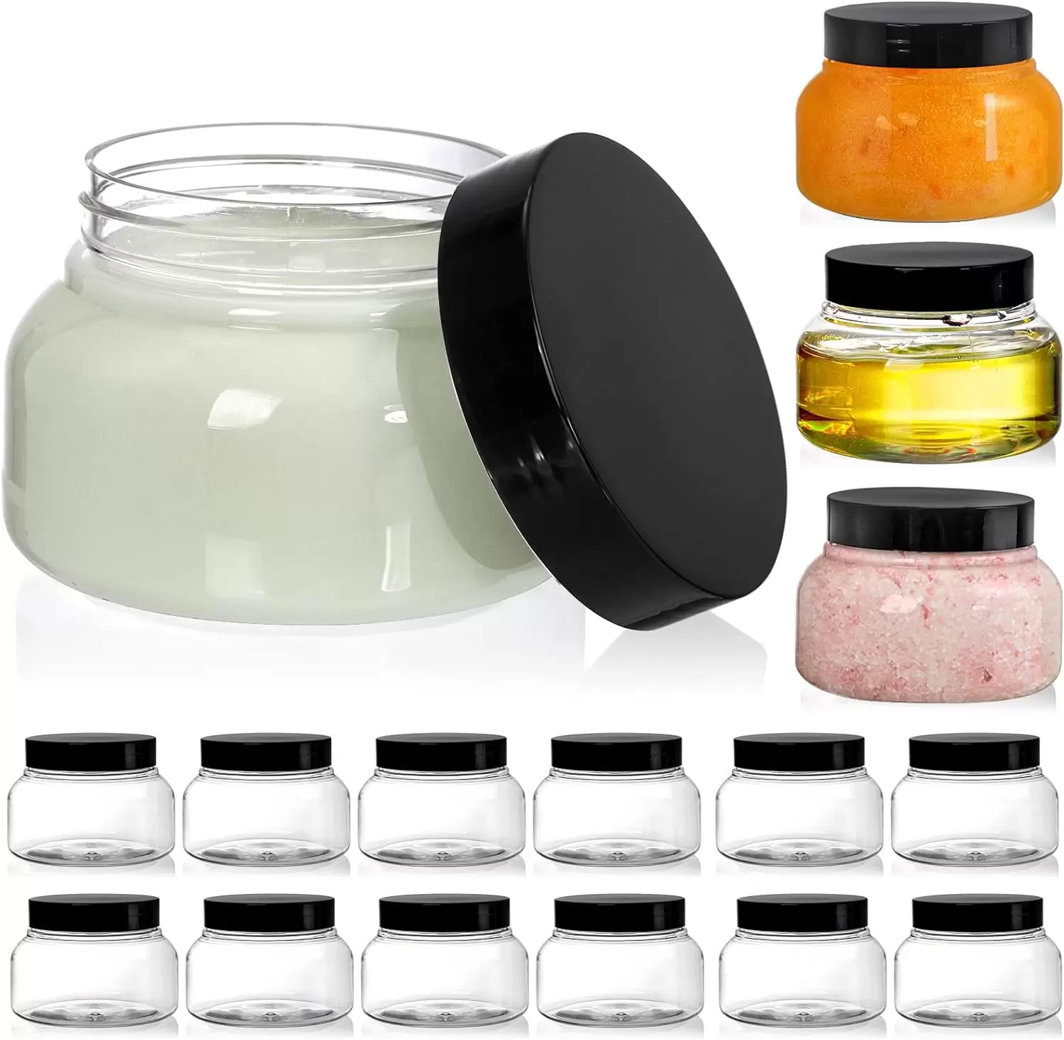 SHENSHA 16 Pack 8 Oz Plastic Jars with Lids. Clear Body Scrub Jars Empty Refillable Containers Round Low Profile Samples Jars for Makeup. Body Butter. Creams. Slime. Travel Storage