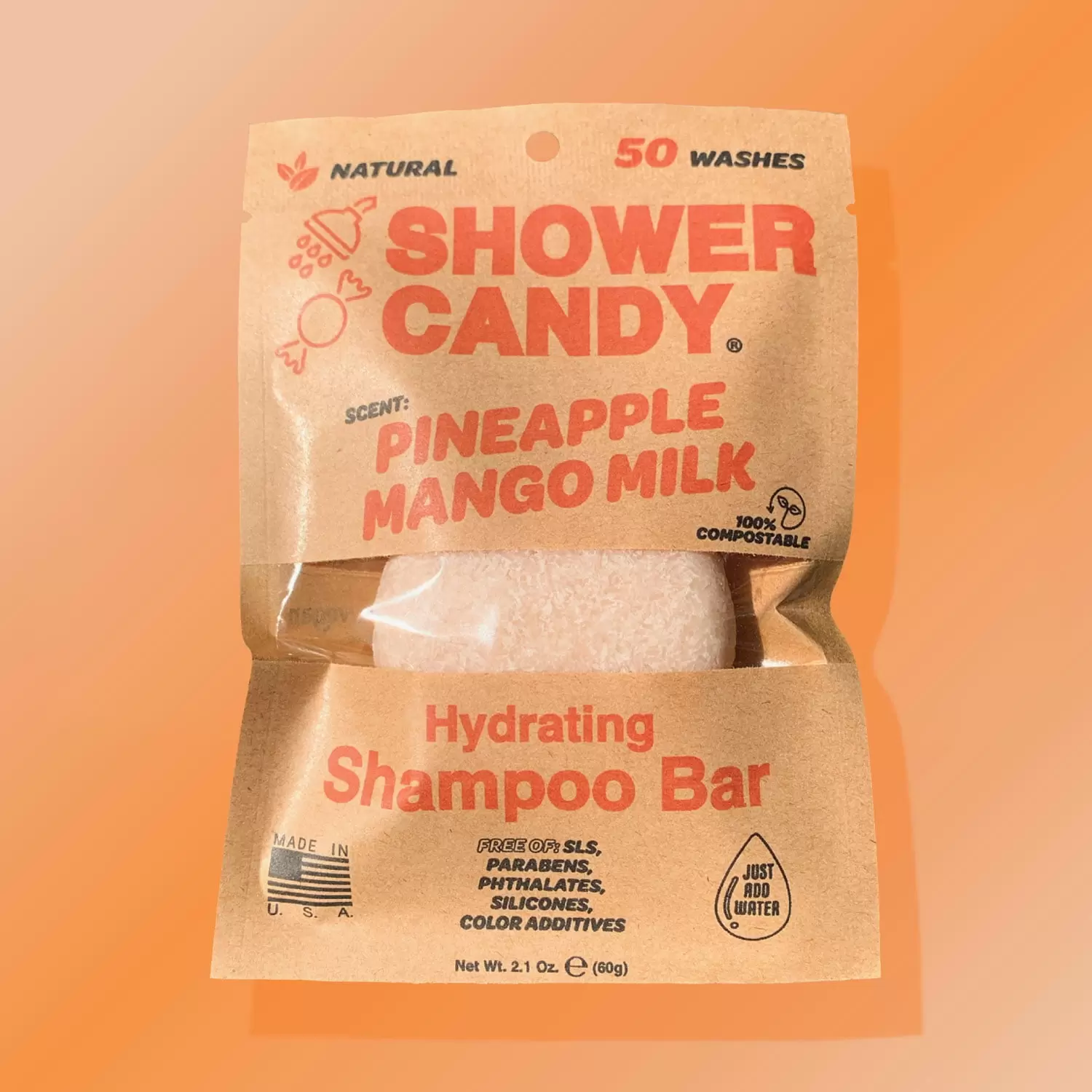 Shower Candy Pineapple Mango Milk Shampoo Bar - Extra Lather - Natural. Plant-Based Ingredients - Plastic-Free - Zero Waste Compostable Pouch - Phthalate and Paraben-Free. Travel Friendly Shampoo Bars