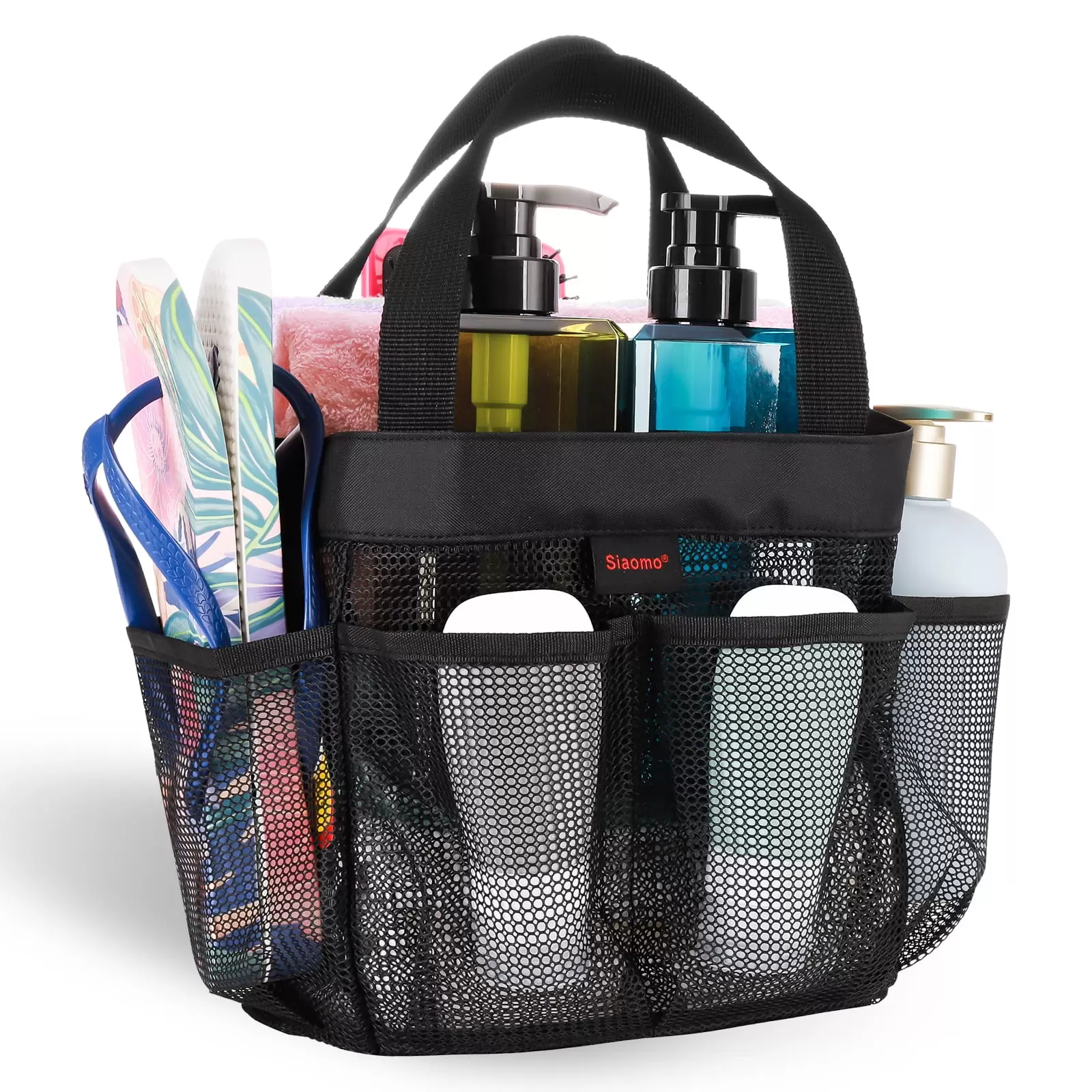 Siaomo Natural Mesh Shower Caddy Portable Shower Tote Bag for College Dorm Essentials. Bathroom. Gym. Camp. Travel. Hanging Shower Caddy Basket. Quick Dry Toiletry Bag (8-Pockets | Black)