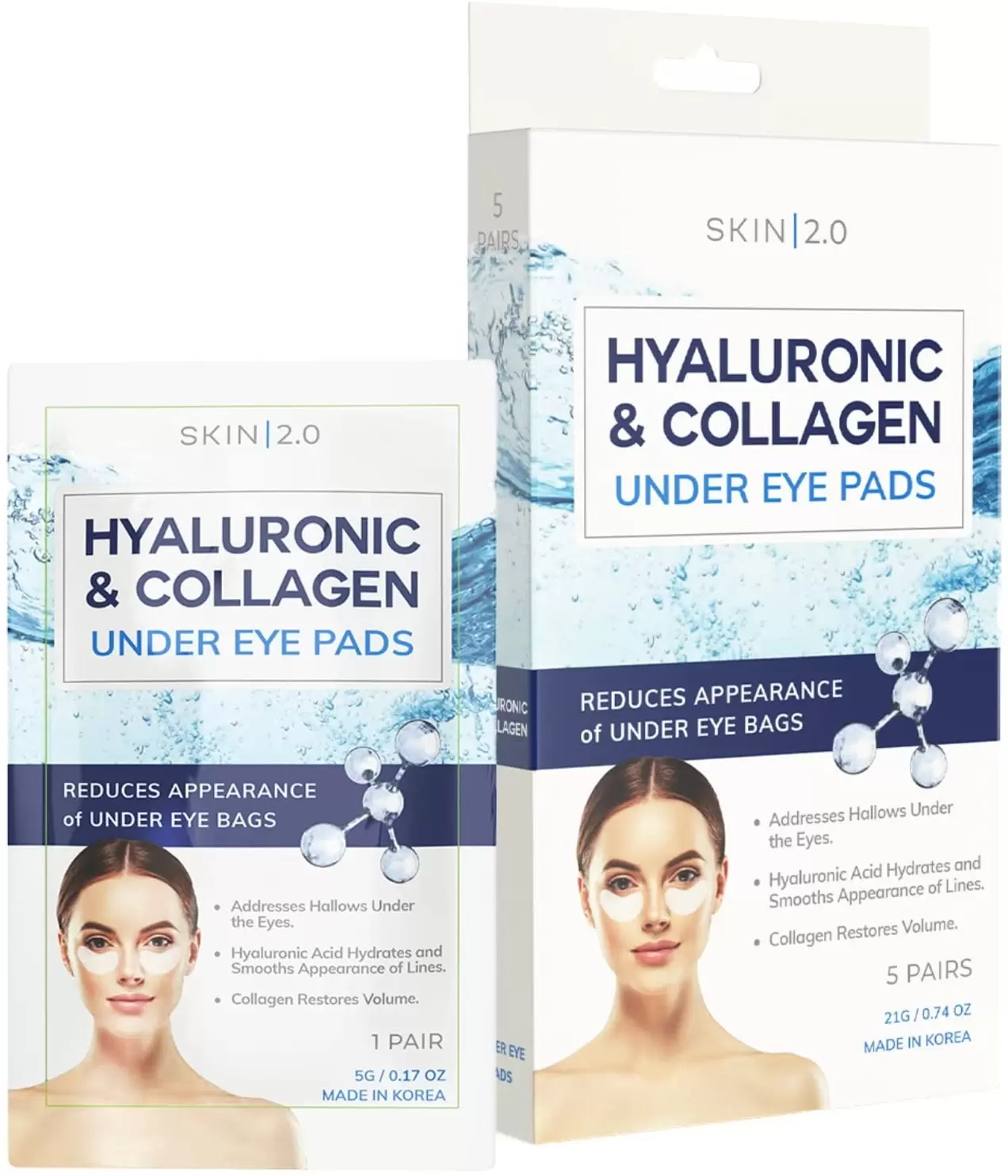 Skin 2.0 Hyaluronic Acid and Collagen Under Eye Patches - Anti-aging. Reduces Under Eye Bags & Wrinkles. Firming & Hydrating Under Eye Pads - Cruelty Free Korean Skincare For All Skin Types - 5 Pairs