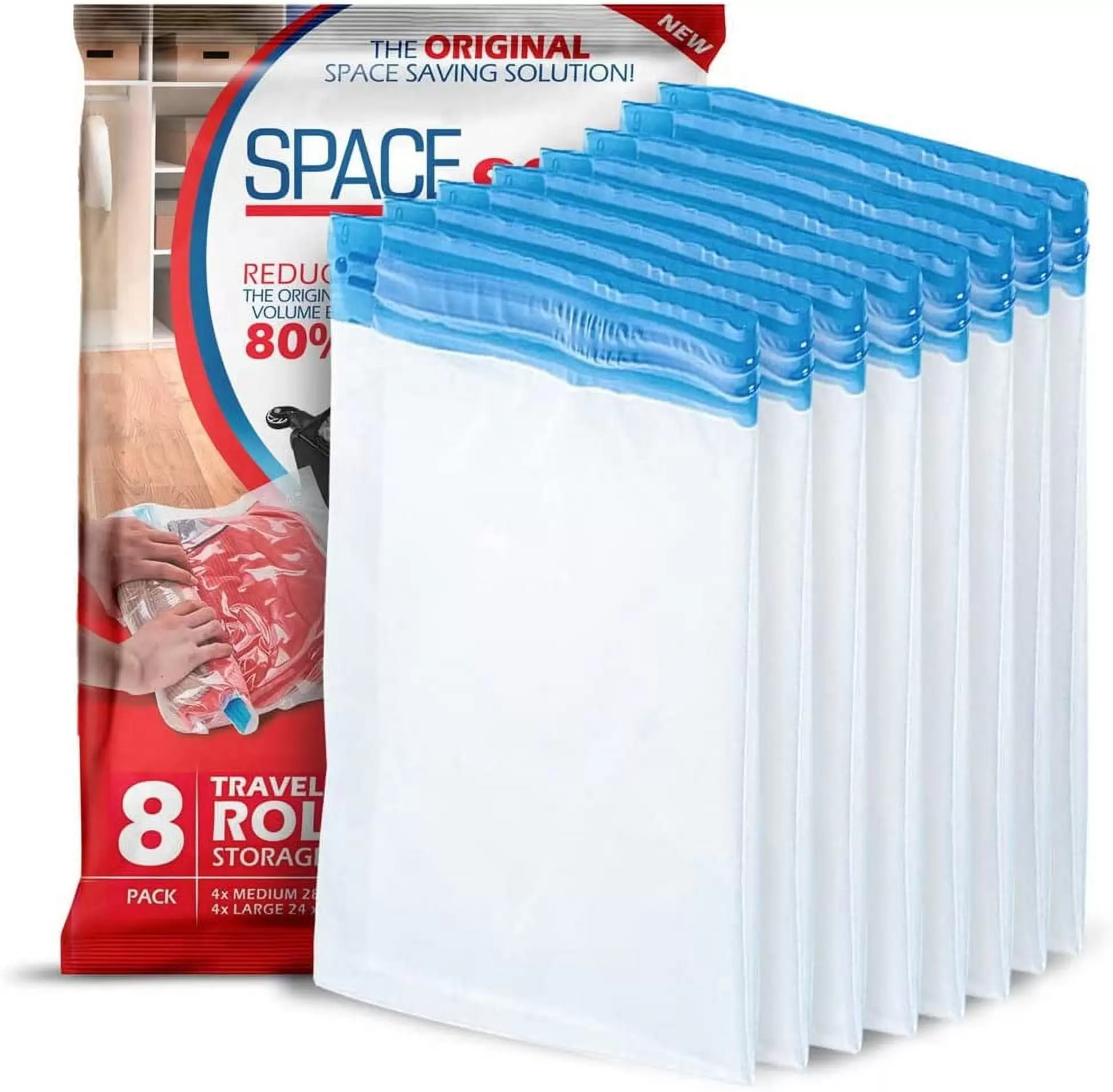 Spacesaver 8 x Premium Travel Roll Up Compression Storage Bags for Suitcases - No Vacuum Needed - (4 x large. 4 x medium) - 80% More Storage than Leading Brands!