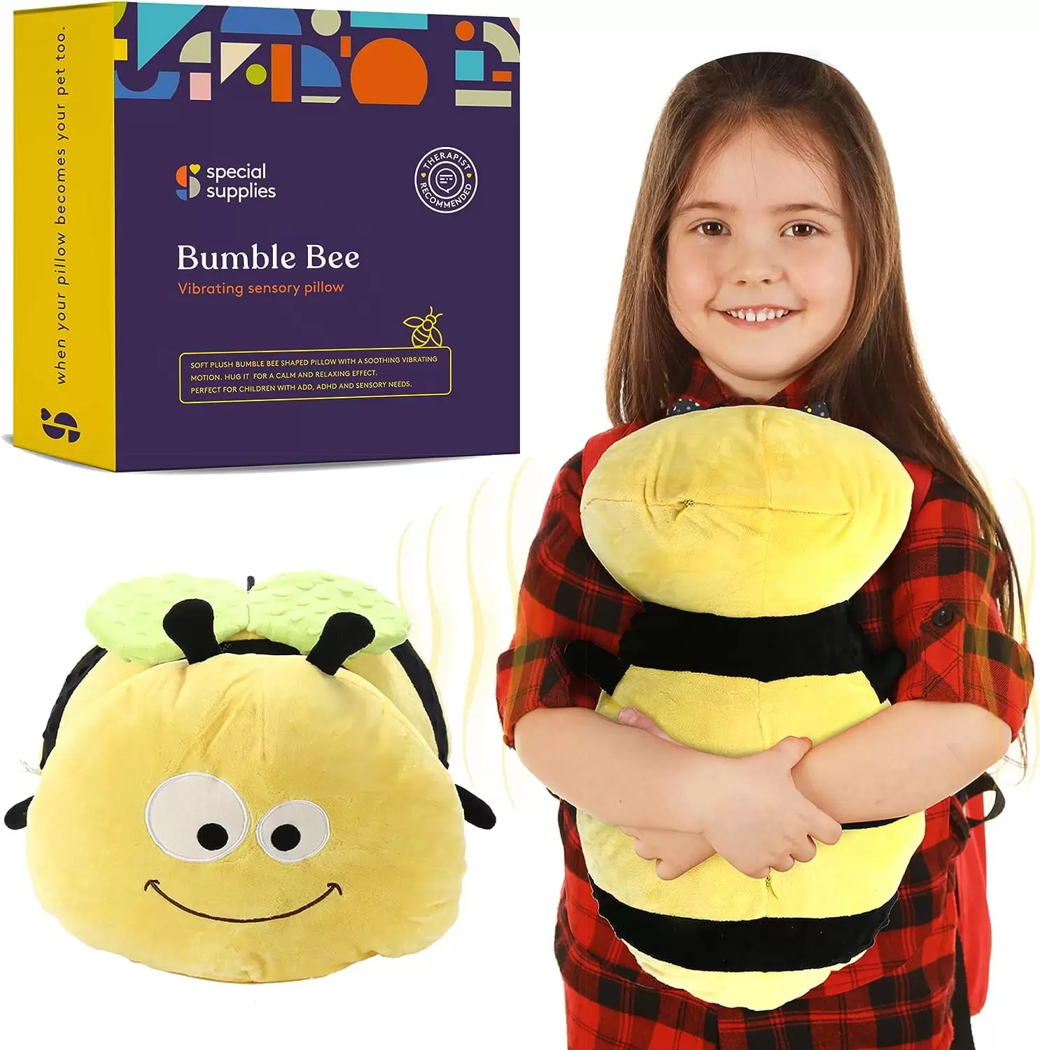 Special Supplies Bumble Bee Sensory Vibrating Pillow. Pressure Activated for Kids and Adults. Plush Minky Soft with Textured Therapy Stimulation Bumps