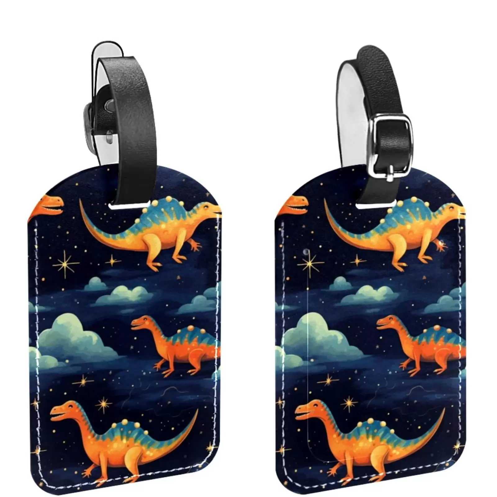 Square 2Pack PU Leather Cartoon Dinosaur Cruise Luggage Tag with Privacy Cover and Name ID Tag for Travel Handbags Backpacks Luggage Tags