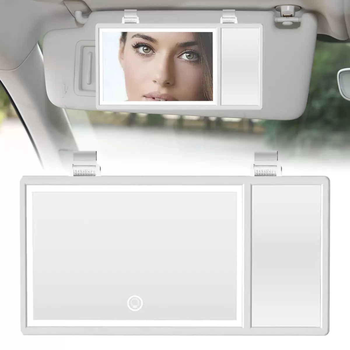 Sun-Shading Cosmetic Mirror with Touch Screen. Car Visor Makeup Mirror with LED Light. Rectangular Vanity Mirror for Car Truck Automobile Supply. White