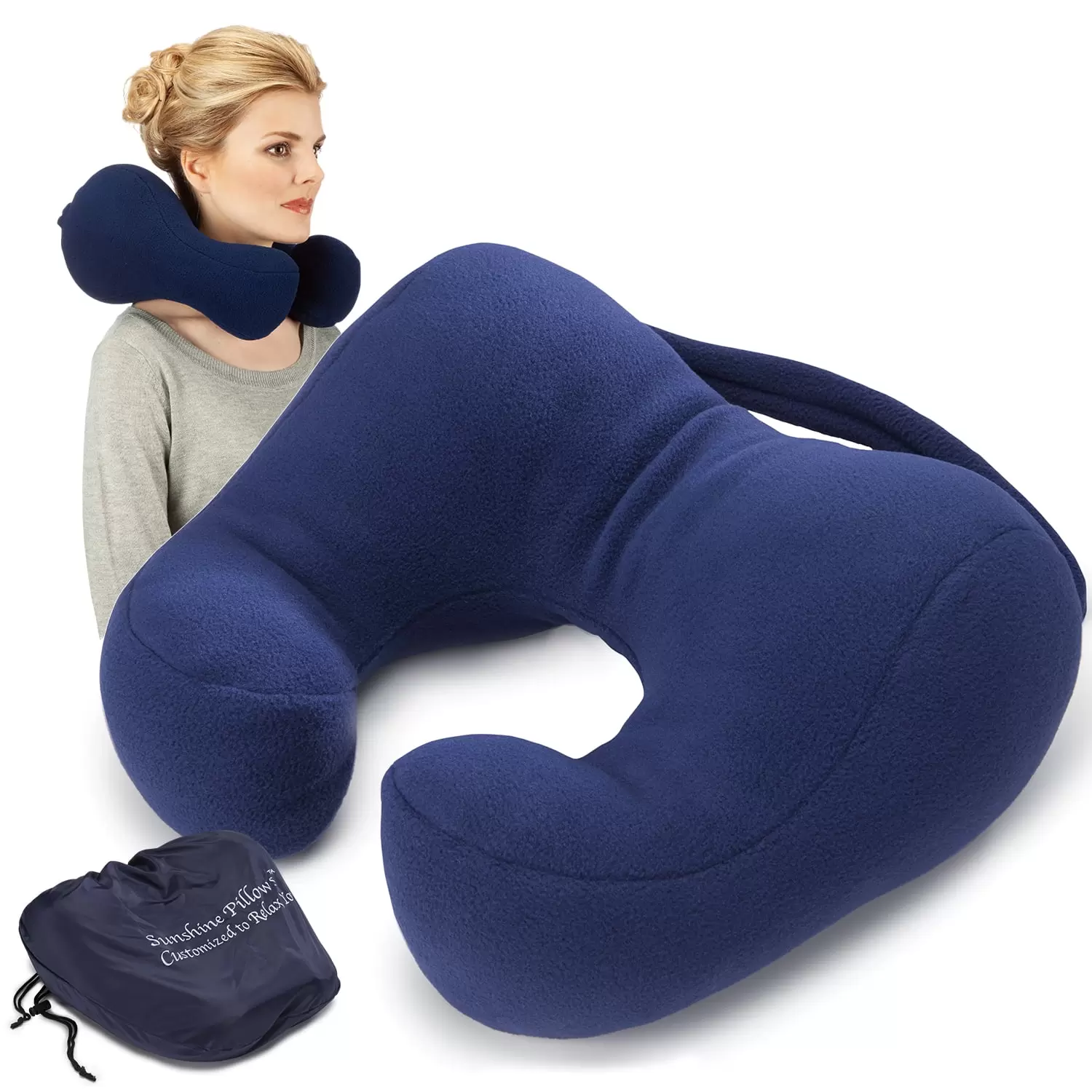 Sunshine Pillows Ergonomic Travel Neck Pillow. Cervical Neck Support. Navy Blue. Medium