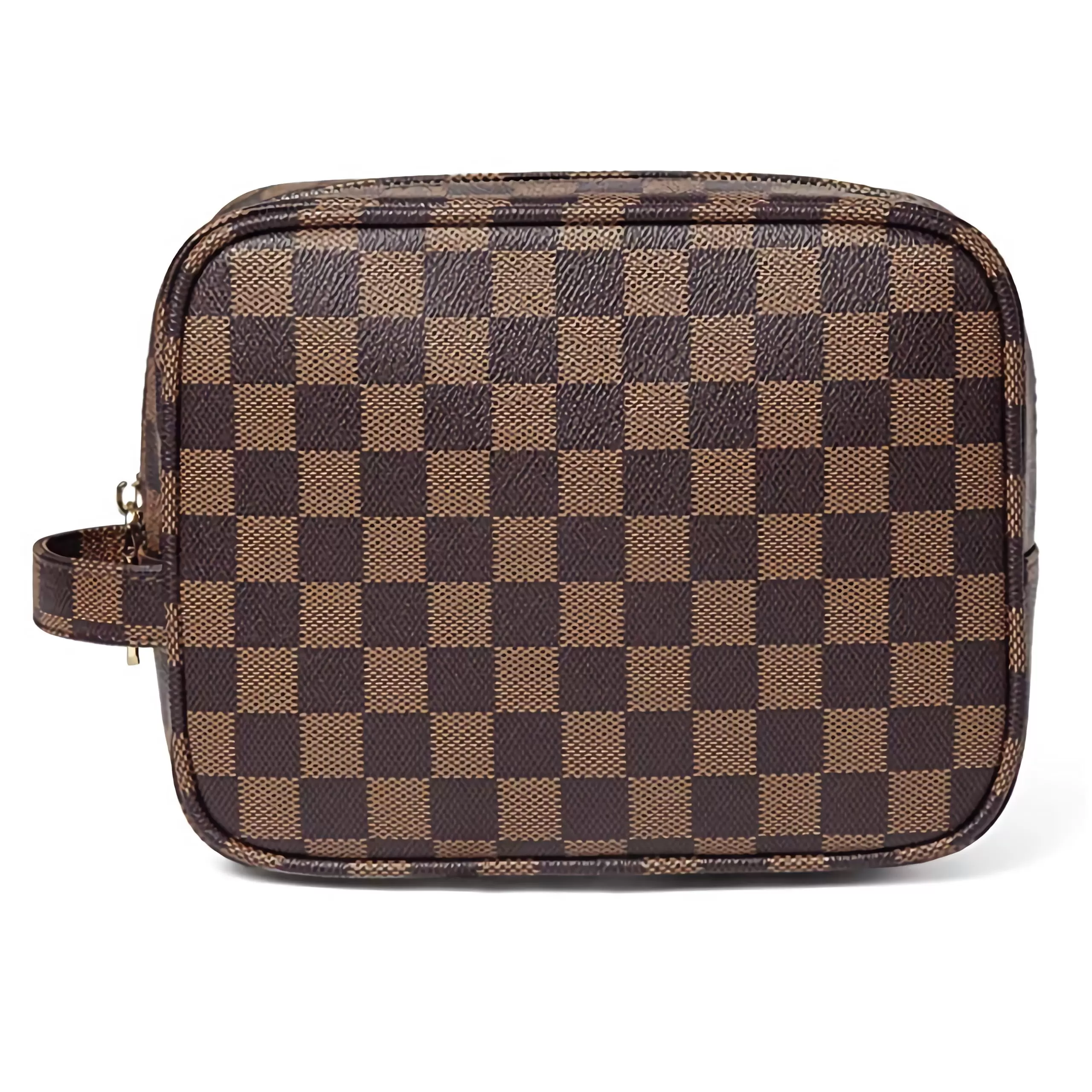 T.Sheep Luxury Checkered Make Up Bag. PU Vegan Leather Cosmetic Toiletry Travel Bag-Brown