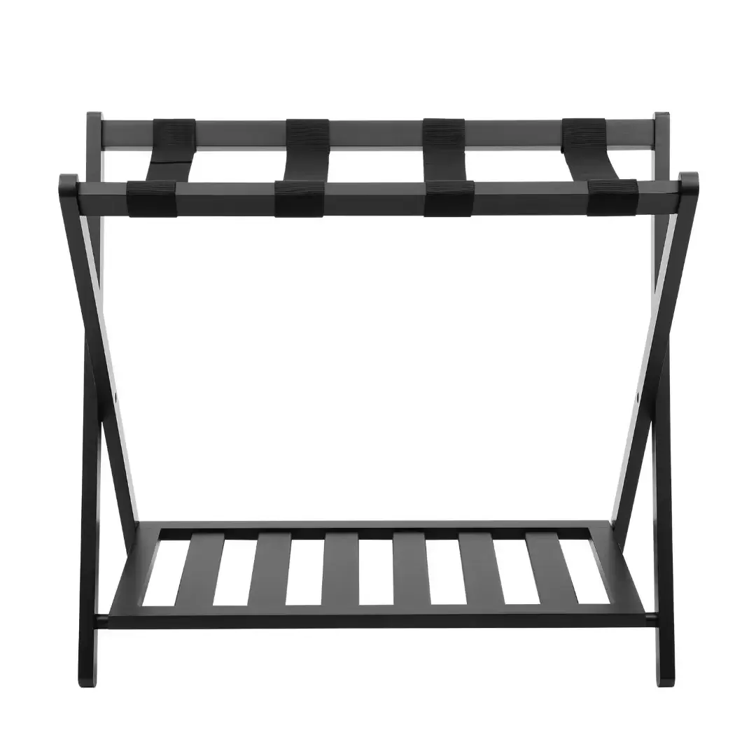 TFCFL 26.8inch Folding Luggage Rack with Shelf Black Straps Double Layer Storage Rack