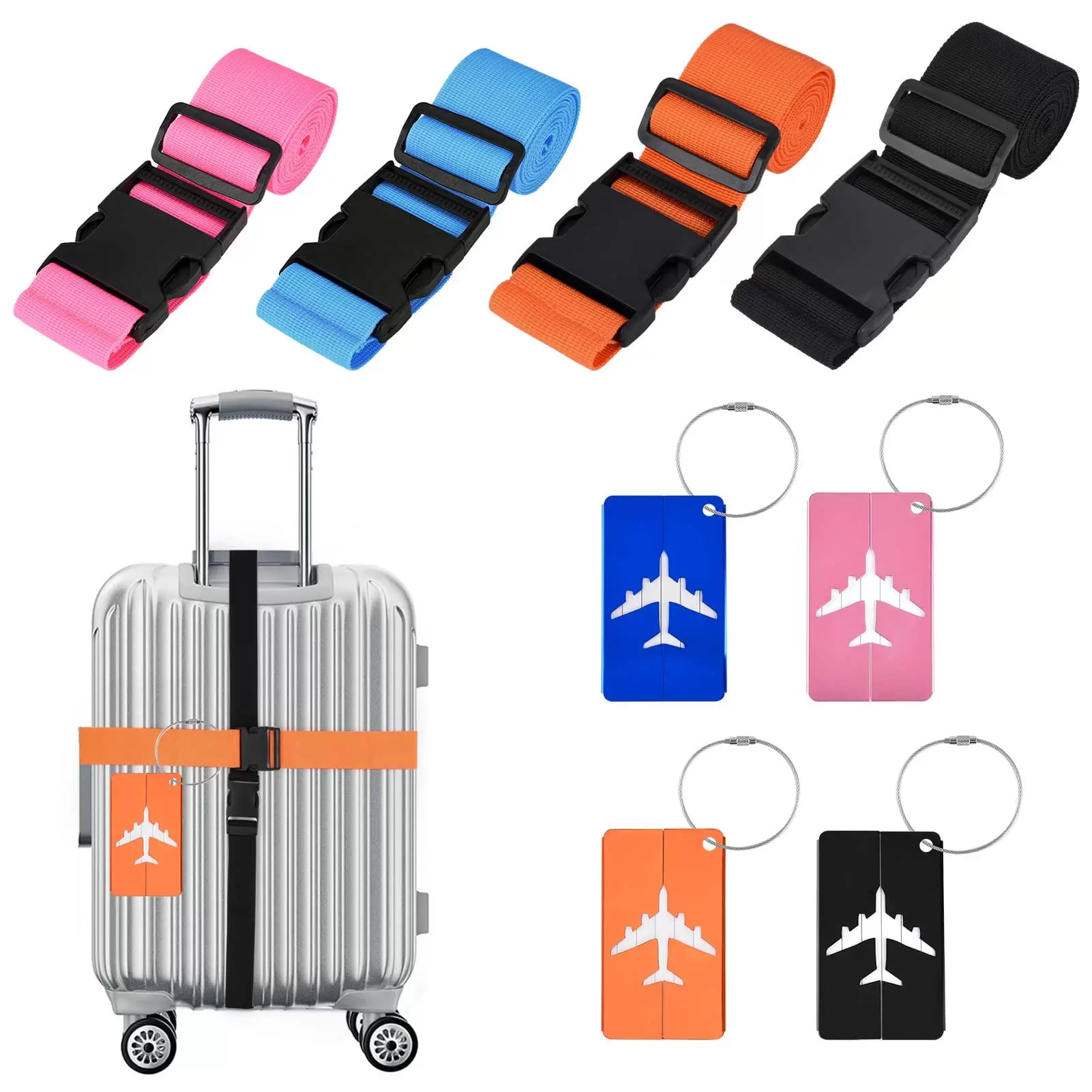 Taihexin 8 Pack Luggage Straps Suitcase Tags Set. Travel Adjustable Suitcase Belt with Quick Release Buckle. Silicone Luggage Tags with Name ID Card. Non-Slip Security Belts for All Suitcase Baggage(pink+blue+orange+black)