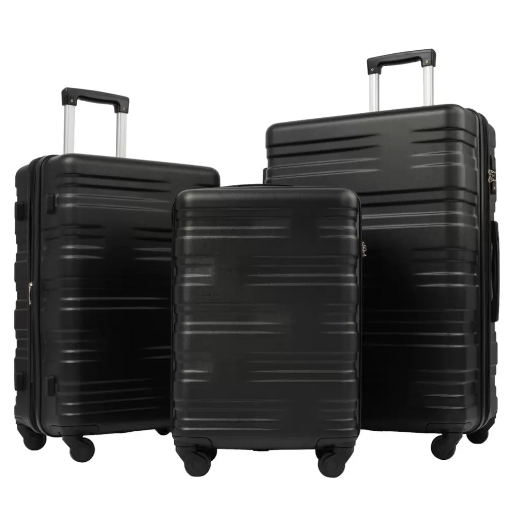 Tcbosik Travel Luggages Set of 3. 3 Piece Lightweight ABS Hard Shell Trolley Case with Spinner Wheels (20/24/28) Suitcase (Black)