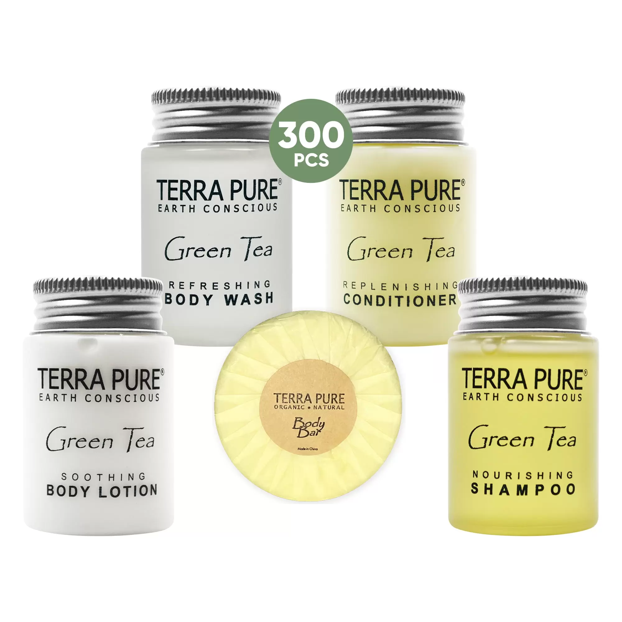 Terra Pure Hotel Soaps and Toiletries Bulk Set | 1-Shoppe All-In-Kit Amenities for Hotels | 1oz Hotel Shampoo & Conditioner. Body Wash. Body Lotion & 1.25oz Bar Soap Travel Size | 300 Pieces