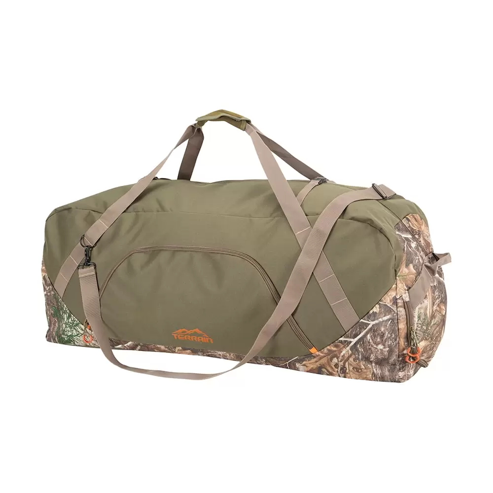 Terrain Basin Duffel Bag. Extra Large. Realtree Edge. Curved Closure-wrapped Neoprene Handle. Polyester Zippered