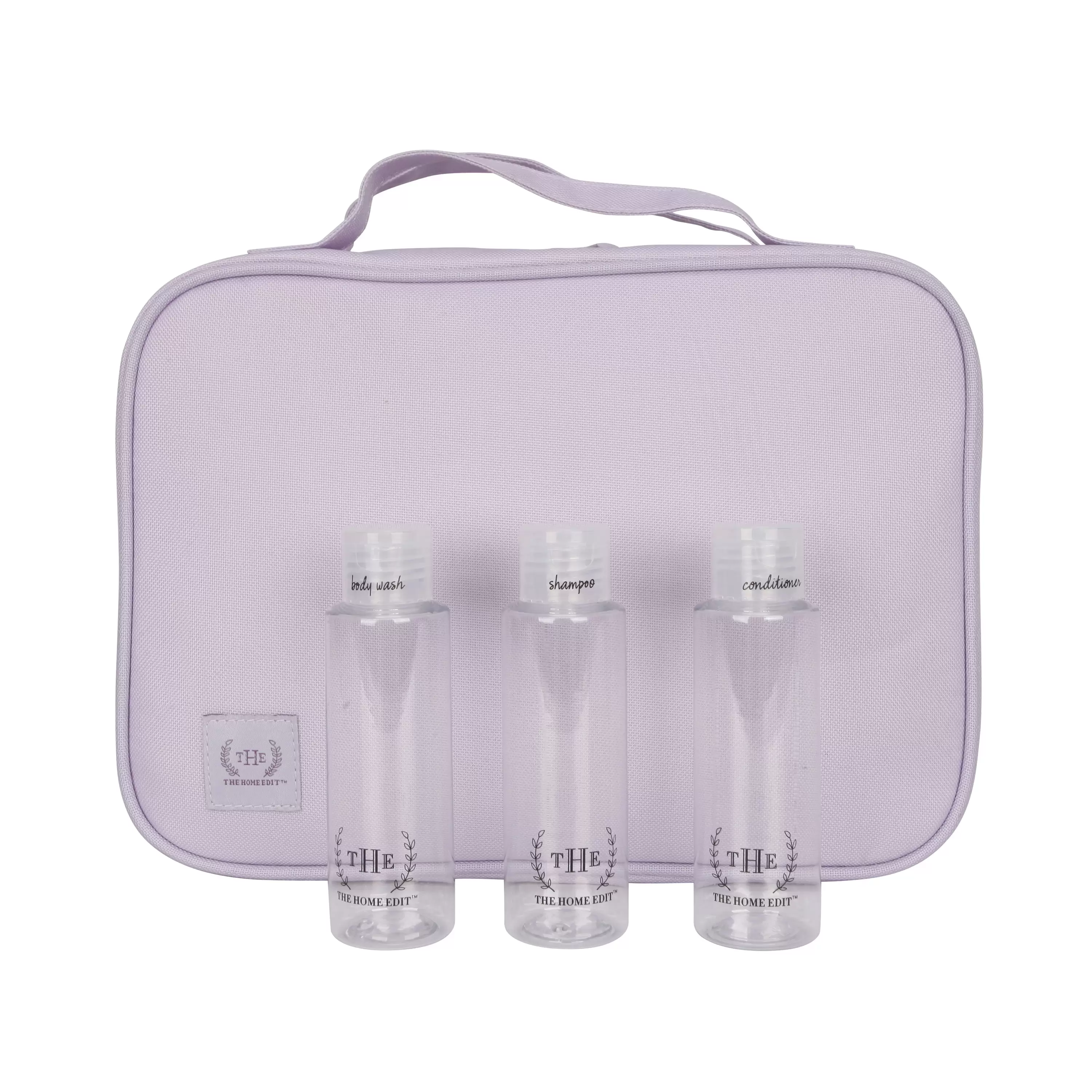 The Home Edit Expandable Hanging Toiletry Bag with 3 Toiletry Bottles. Lavender