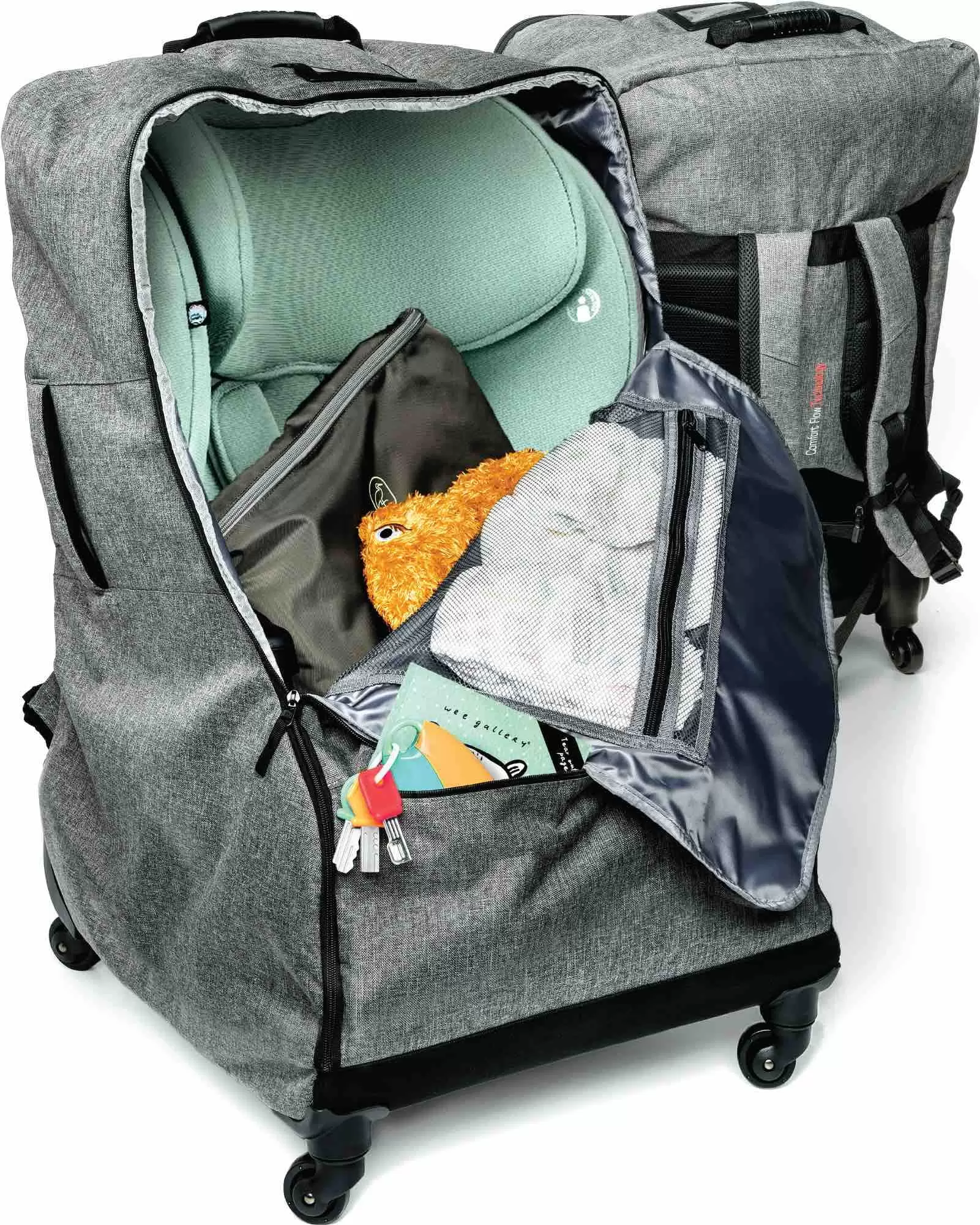 The Little Stork Car Seat Wheeled Padded Travel Backpack AerCas Bag.Gray