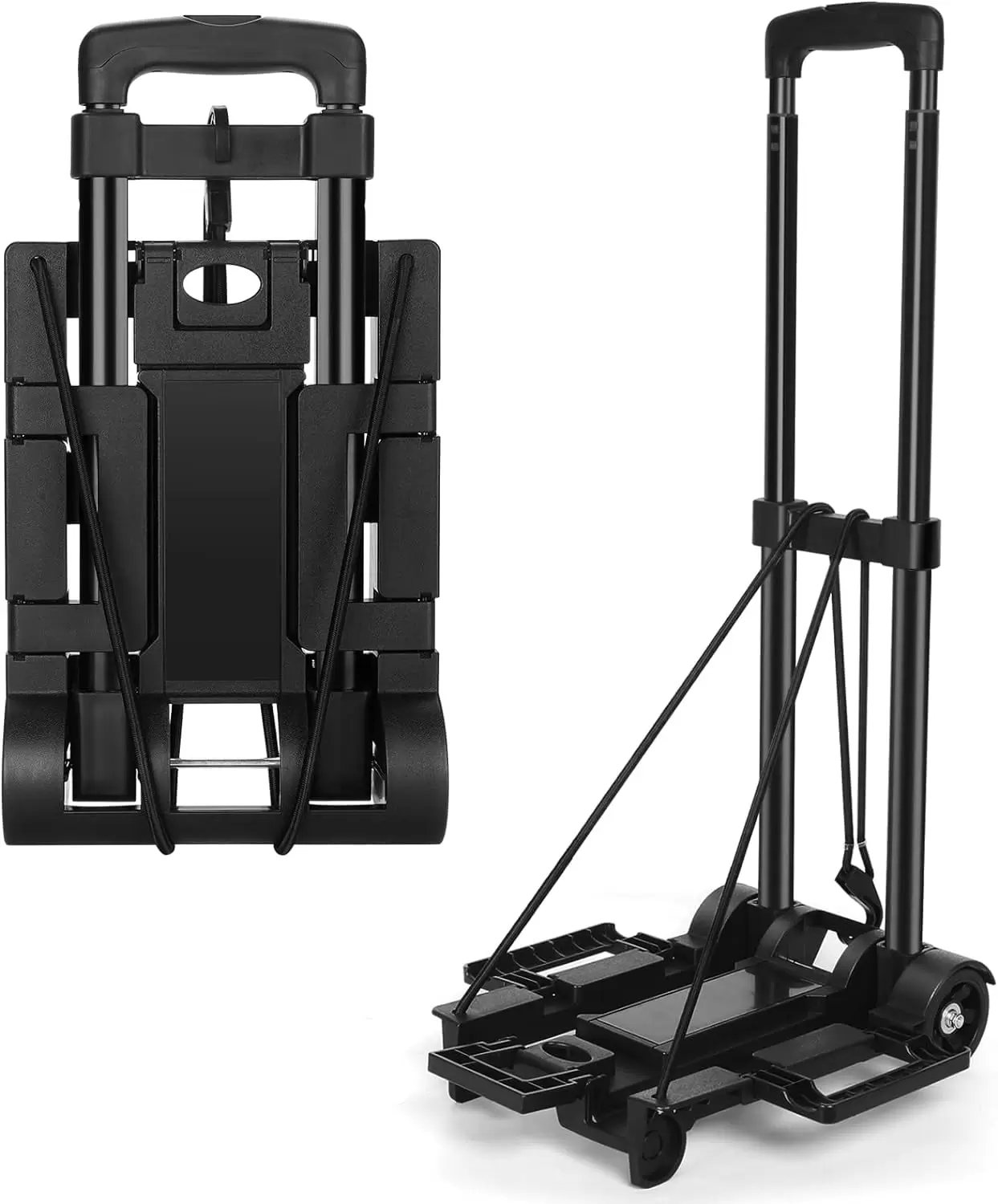 Tiagowell Folding Hand Truck Dolly with 2 Wheels. Foldable Luggage Cart. Utility Portable Expandable Large Chassis Collapsible for Moving Shopping Travel Office Use. Black