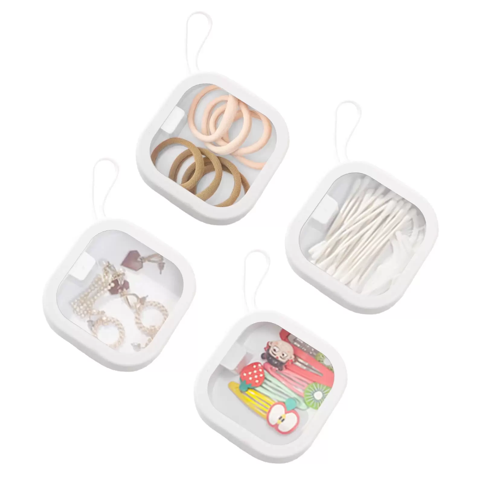 Tickjoy 4pcs Hair Accessories Organizer for Kid Teen Girl Women. Hair Clip Holder. Portable Hanging Qtip Case Container. Small Items Desktop Travel Storage Box. Cotton Swab Dispenser. White