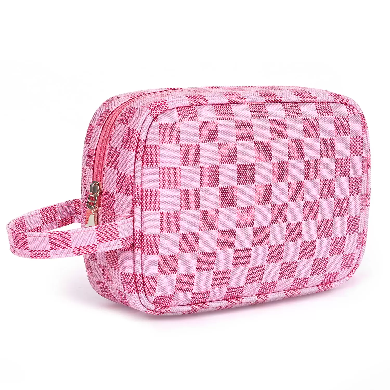 Toiletry Bag for Women. Pink Checkered Cosmetics Makeup Bag and Travel Toiletries Organizer Case for Accessories. Shampoo. Travel Sized Container. Essentials