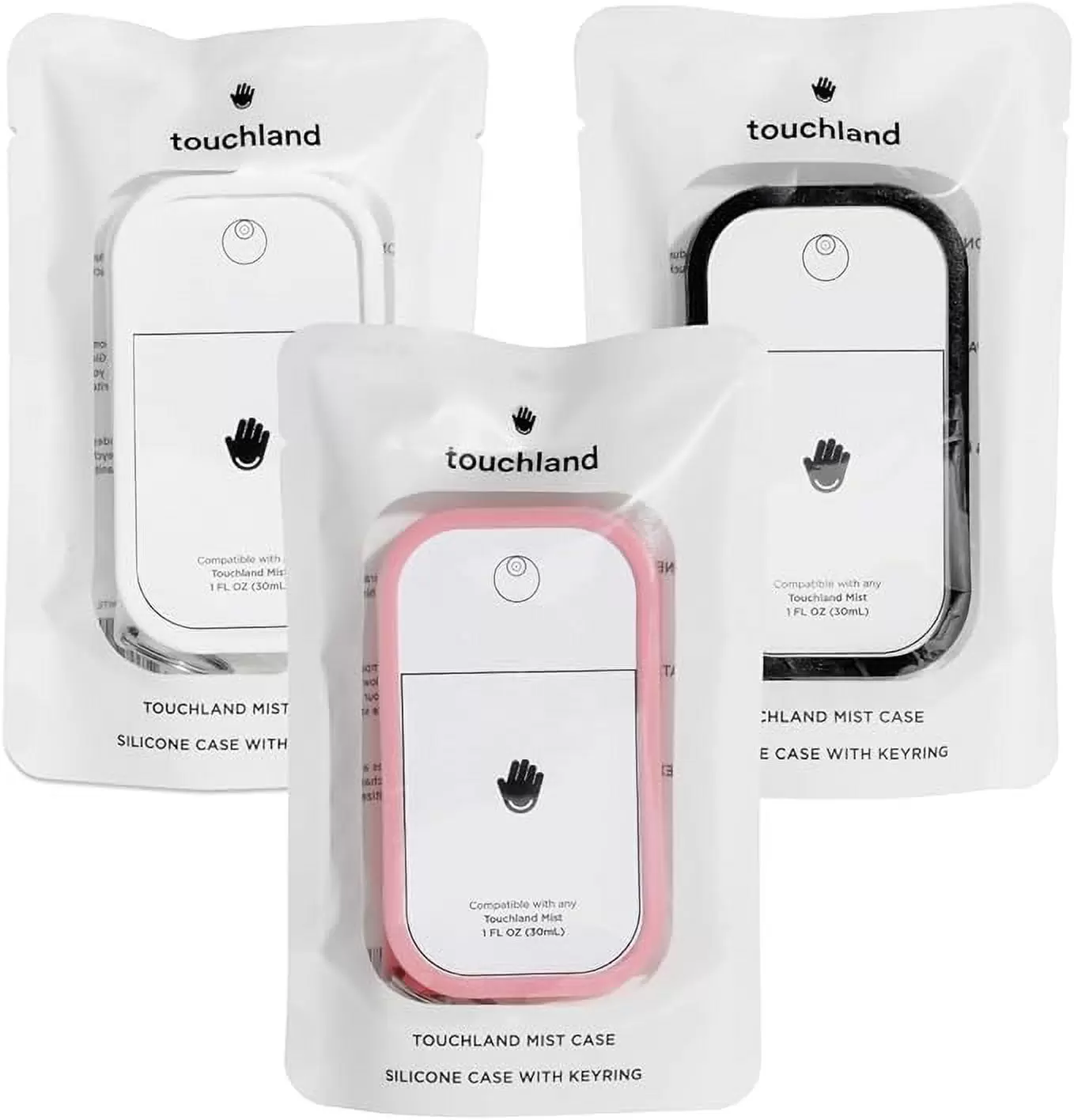 Touchland MIST CASE 3-PACK (White. Pink. Black). Protective and Stylish Hand Sanitizer Spray Accessories. Silicone Cases with Keyring