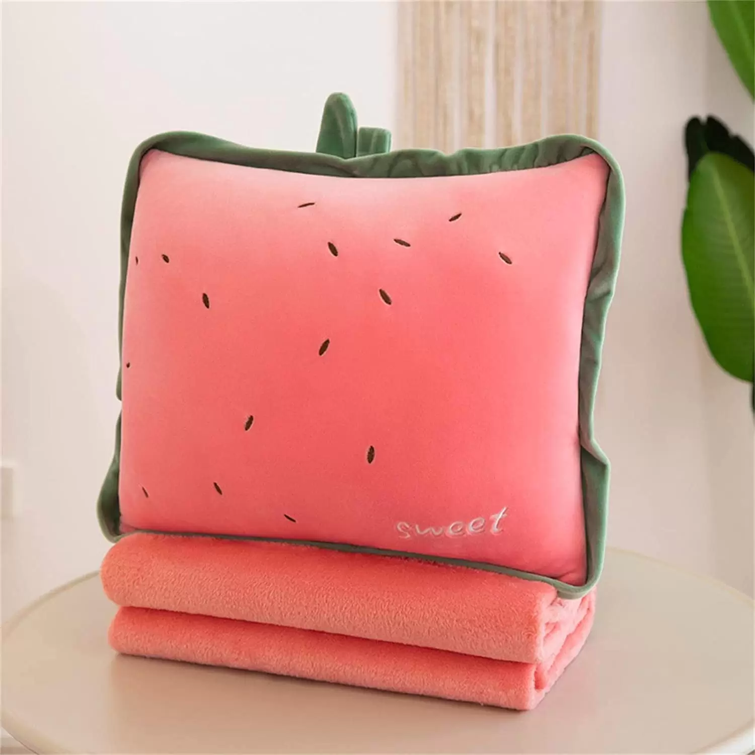 Travel Blanket and Pillow Set. 3-in-1 Cute Plush Fruit Stuffed Hugging Pillow with Warming Hands on Both Sides.Travel Blanket Suit for Airplane Train Travel.Camping or Office(Watermelon)