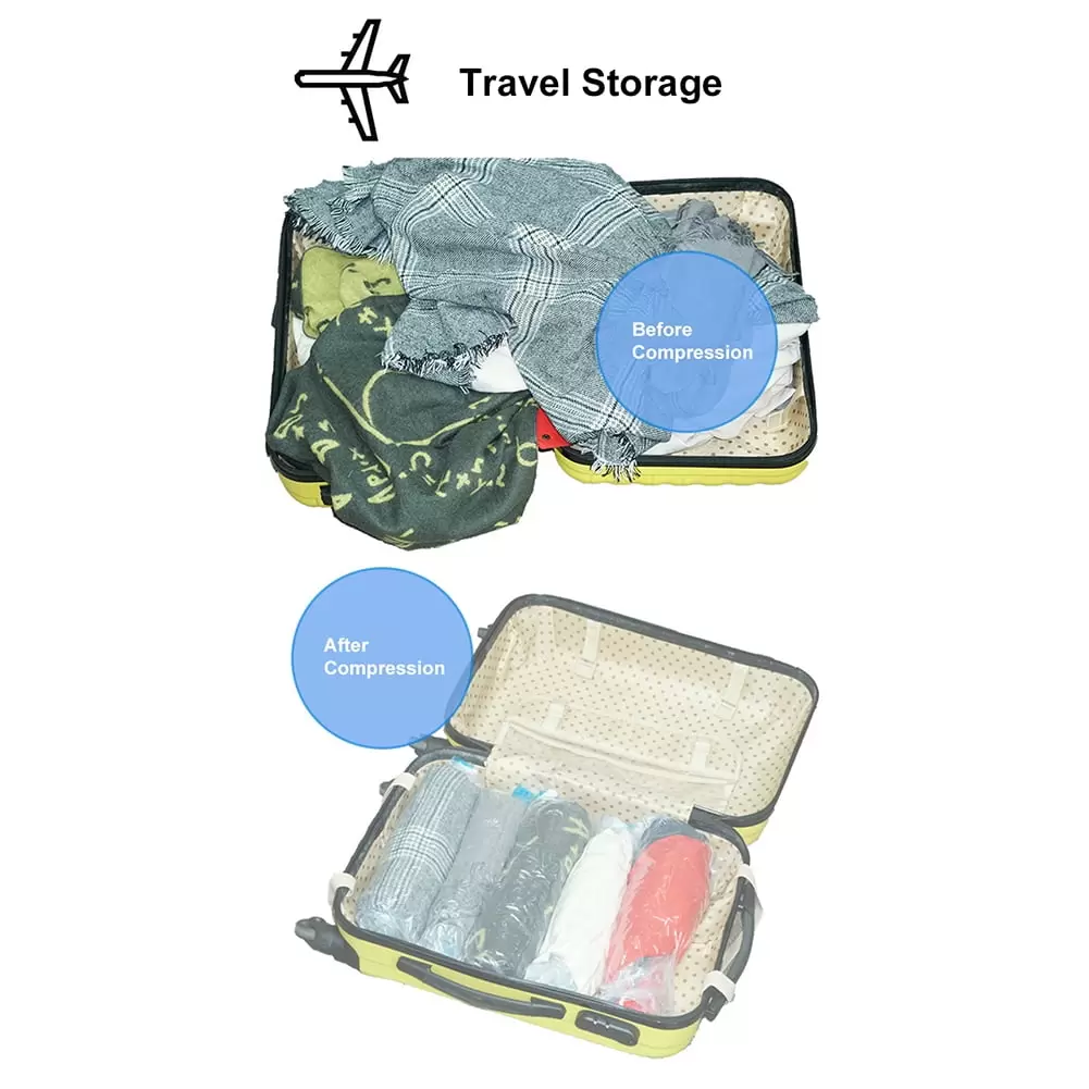 Travel Compression Bags Vacuum Packing. Roll Up Space Saver Bags for Luggage. Travel essentials