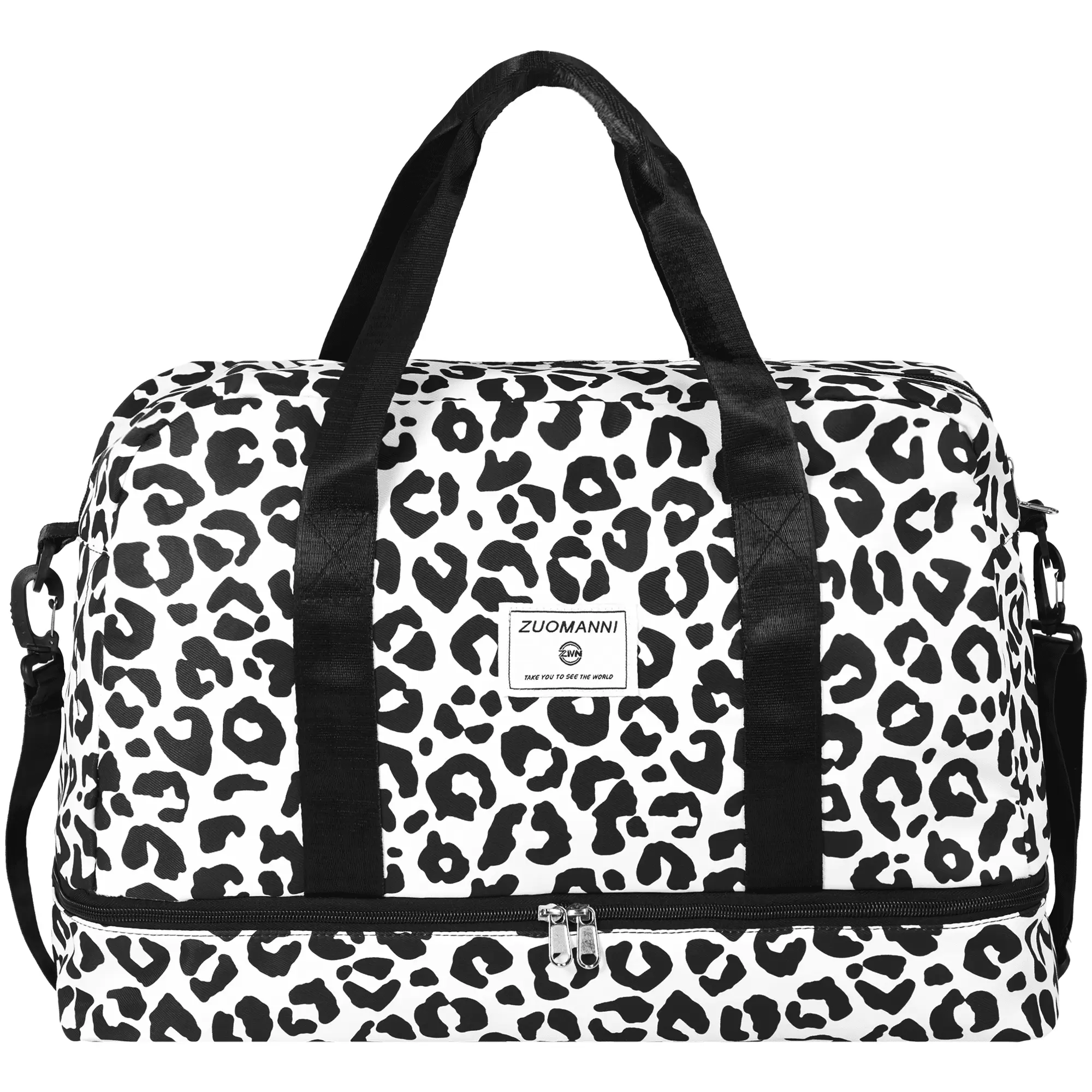 Travel Duffel Bag. Gym Bag with Shoes Compartment and Small Wet Pocket. Large Bag for Women. Black Leopard Print