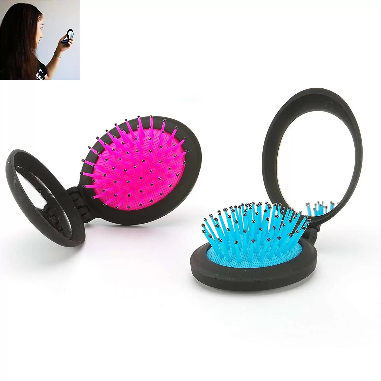 Travel Folding Hair Brush with Mirror Pocket Comb - Mini Pop Up Hairbrush Set - Bulk Gift Idea (2PACK)