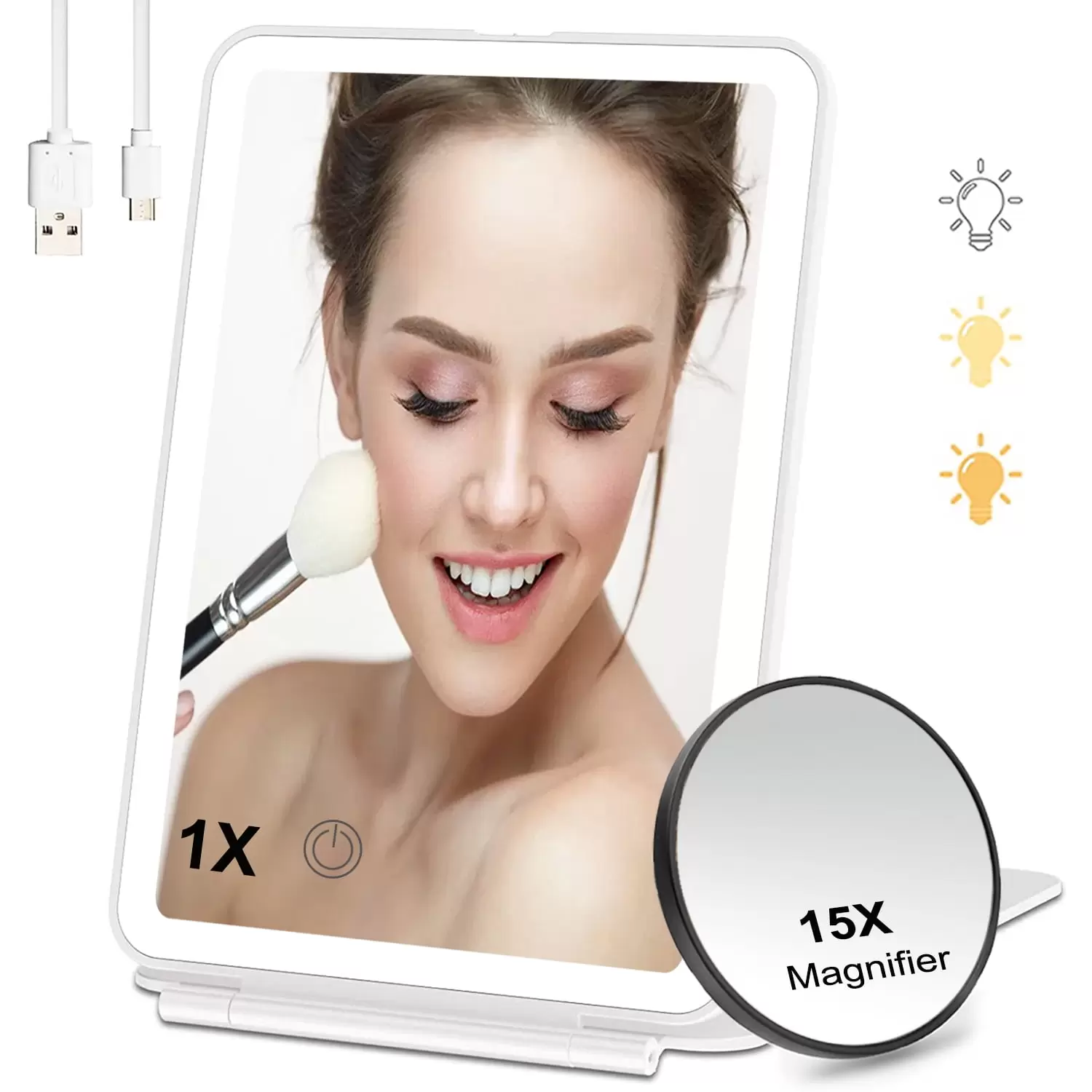 Travel Makeup Mirror with Lights. Portable Lighted Makeup Vanity Mirror with 15X Magnifying Mirror. 3 Color Lights. Dimmable Touch Screen LED Folding Cosmetic Mirror