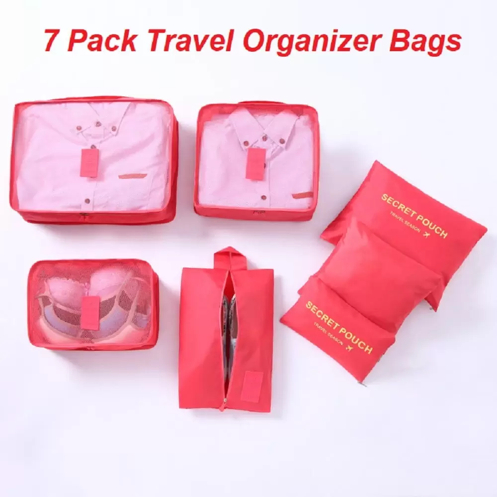 Travel Organizer Bags Set of 7. Lightweight Travel Packing Cubes Luggage Storage Organizers Bag with Shoe Bag. Orange Red